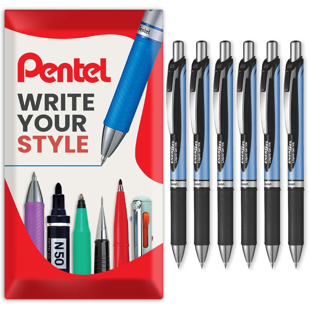 Pentel Energel BLN75 Retractable Gel Ink Rollerball Pen - 0.5mm - Black - Pack of 6
