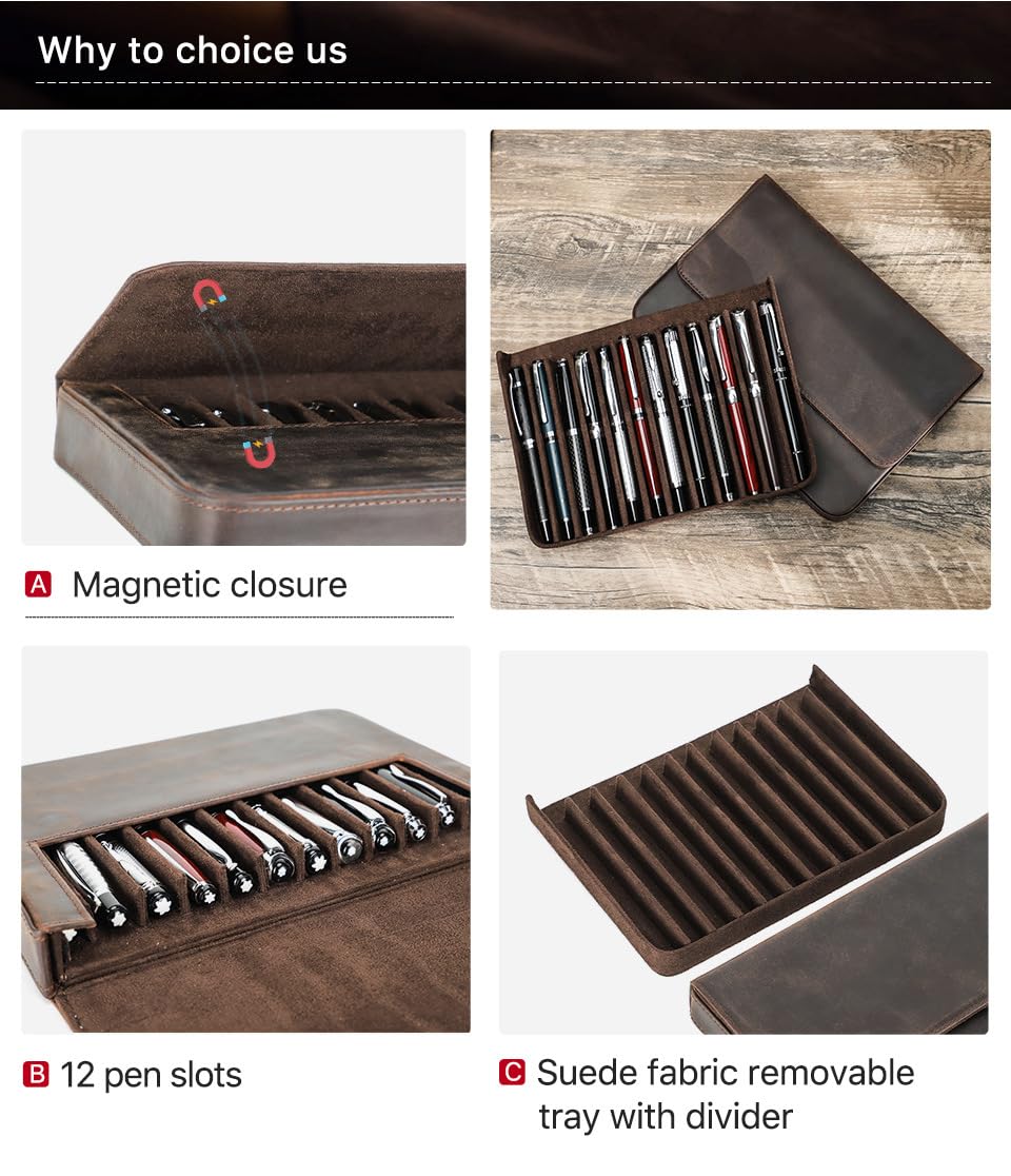 MIVLXLX 12 Slot Fountain Pen Case, Handmade Magnetic,Christmas Gift(Coffee)