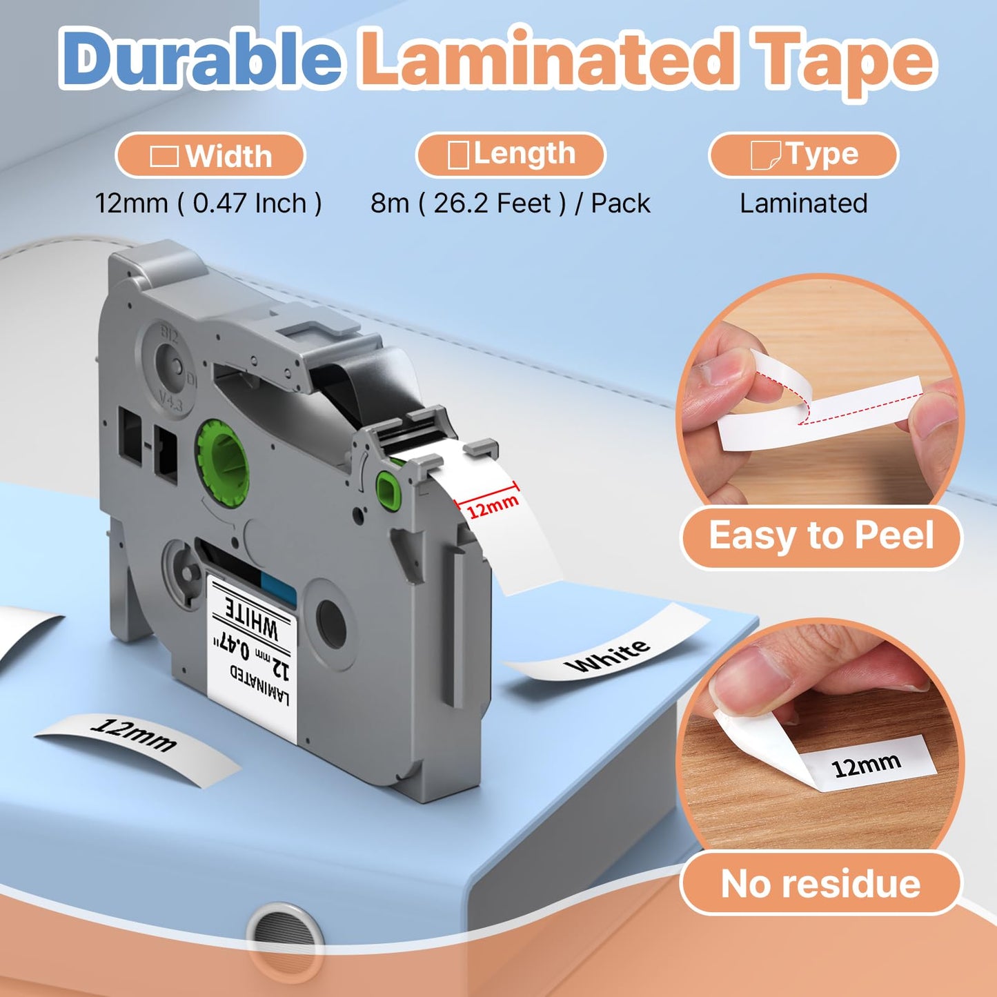 12mm 0.47 TZe TZ Tape Laminated White TZe-231 Replace for Brother P Touch