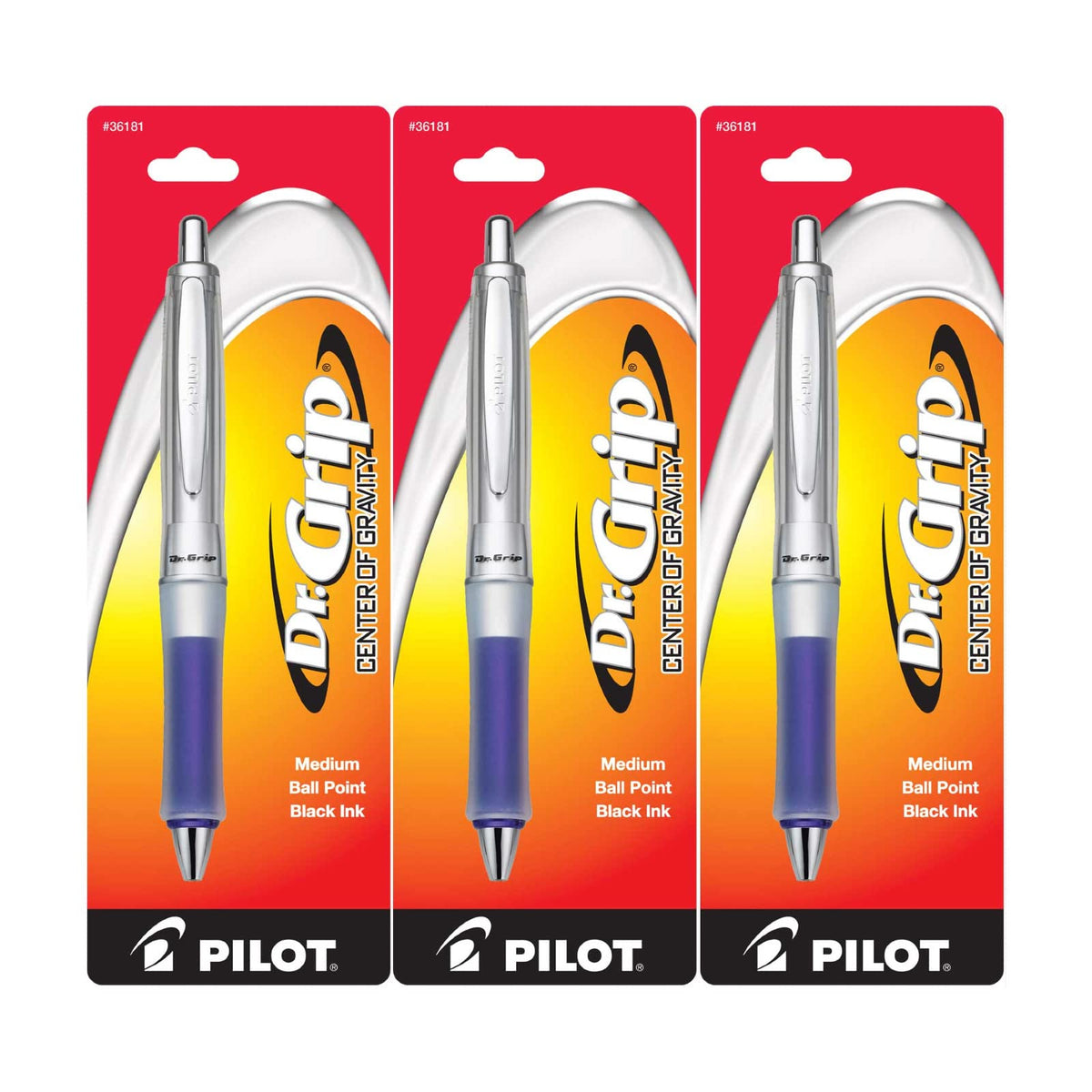 PILOT Dr. Grip Center of Gravity Retractable Ball Point Pen, Medium Point, Black Ink, Pack of 3