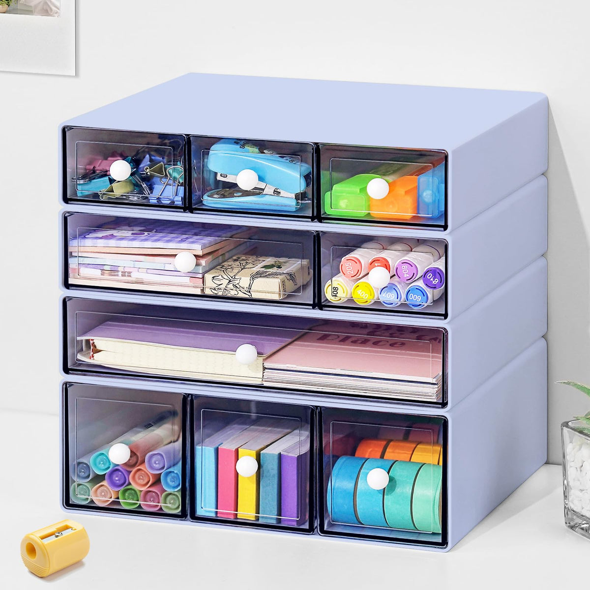 MYKASEN Desk Organizer with 9 Drawers, 4 Tier Plastic Stackable Storage Drawers for Desk Storage