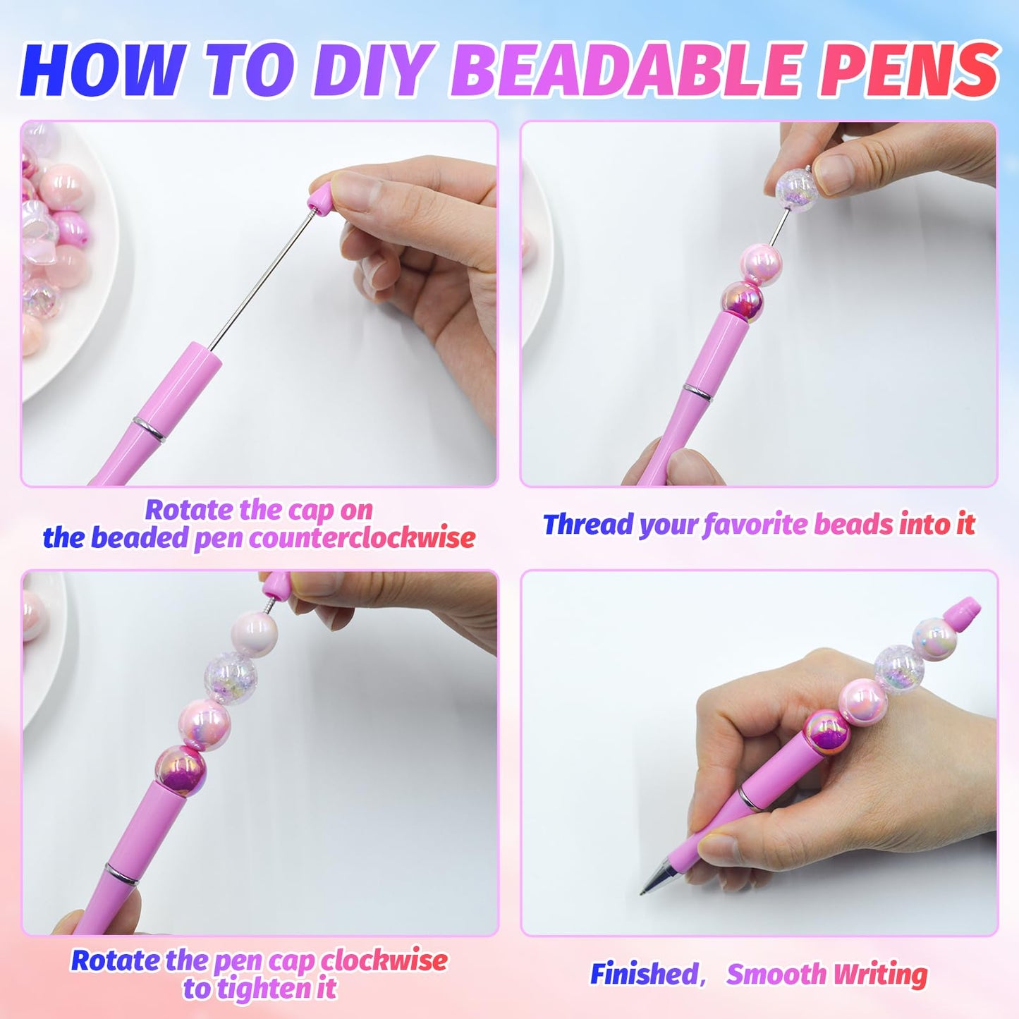 DASTTUIS 300 Pieces DIY Beadable Pens Kit - 100 plastic Beadable Pens Bulk, Refills & pen bags
