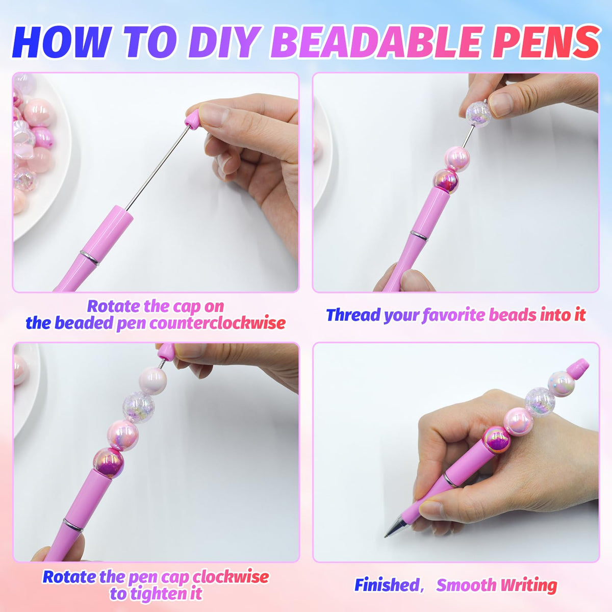 DASTTUIS 300 Pieces DIY Beadable Pens Kit - 100 plastic Beadable Pens Bulk, Refills & pen bags