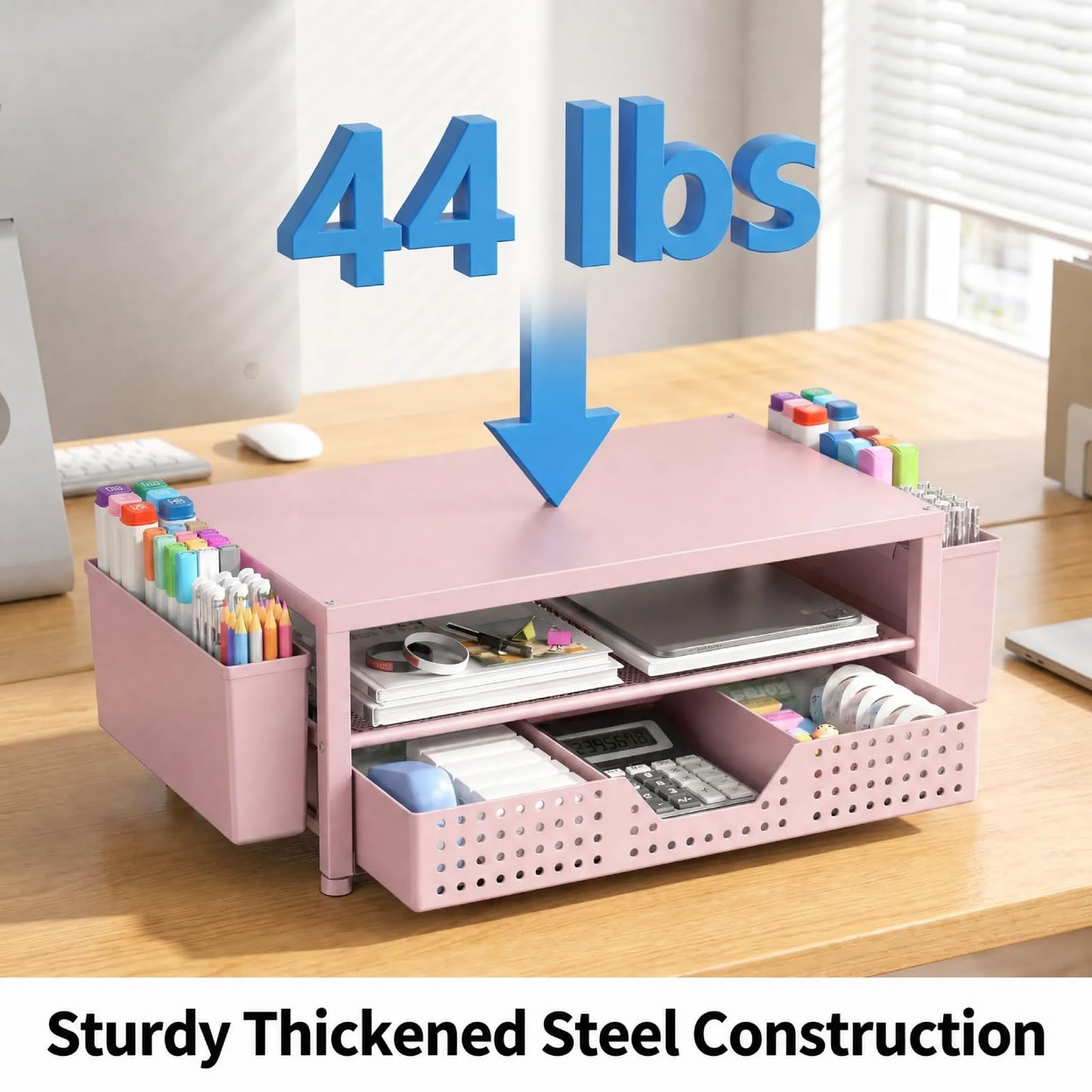 ECOLOVI Desk Organizer and Accessories, 2-Tier Computer Monitor Stand Rise with Storage Drawer & 2