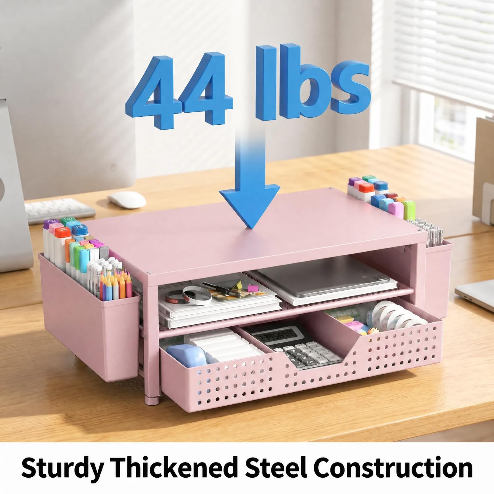 ECOLOVI Desk Organizer and Accessories, 2-Tier Computer Monitor Stand Rise with Storage Drawer & 2