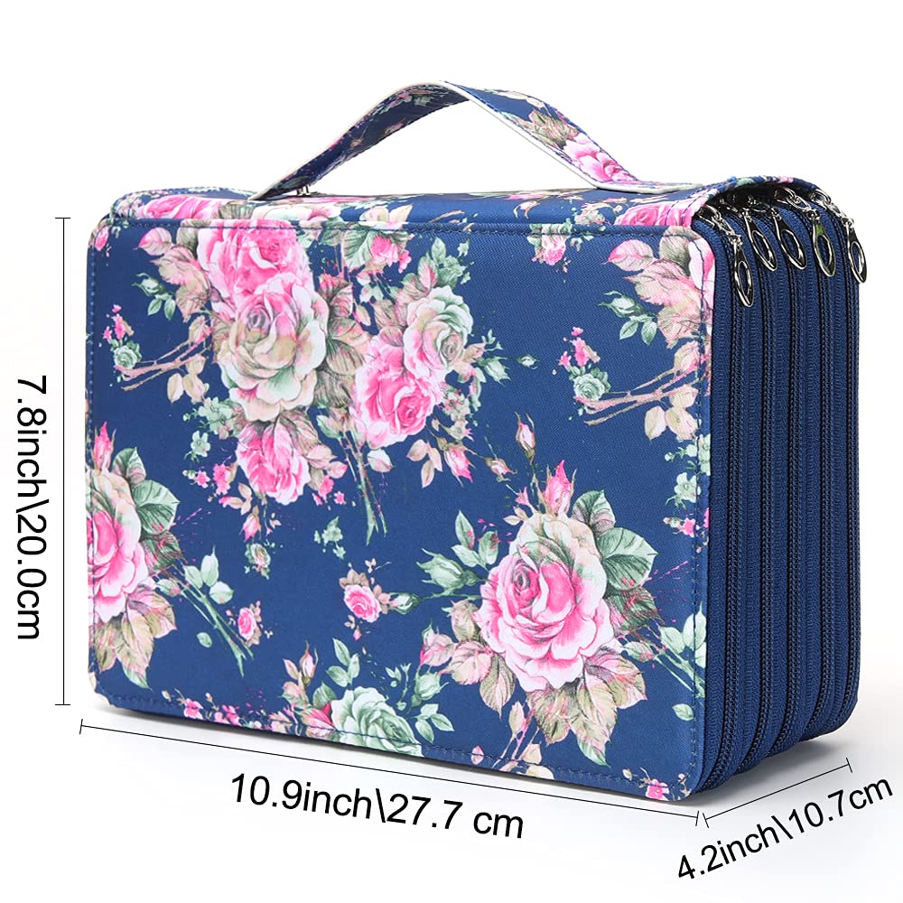 Vomgomfom 252 Slots Pencil Case 5-Layer PU Leather, Handle, Blue Rose