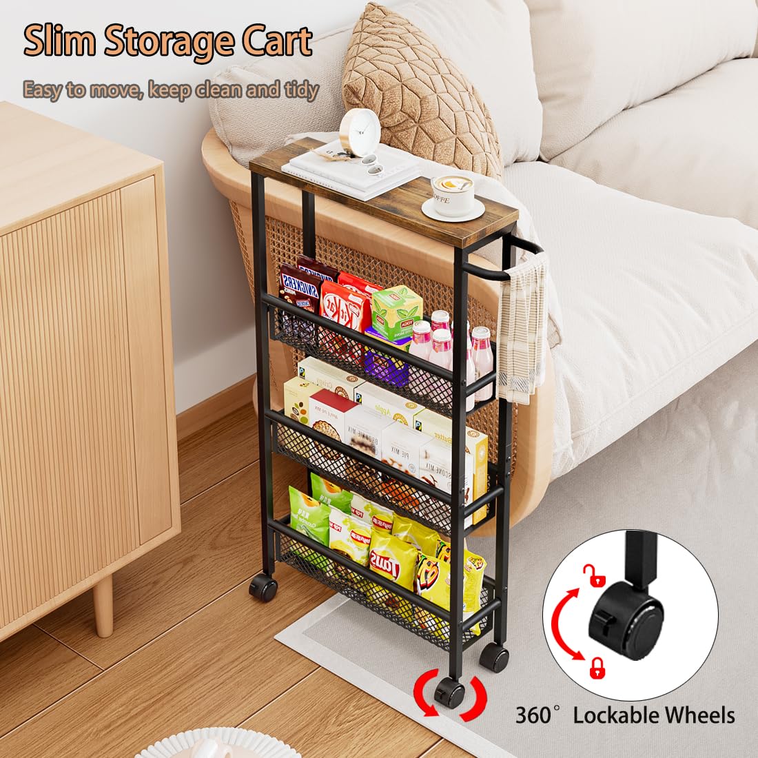 AZERPIAN Slim Rolling Cart 4 Tier Narrow Storage Cart on Wheels with Handle