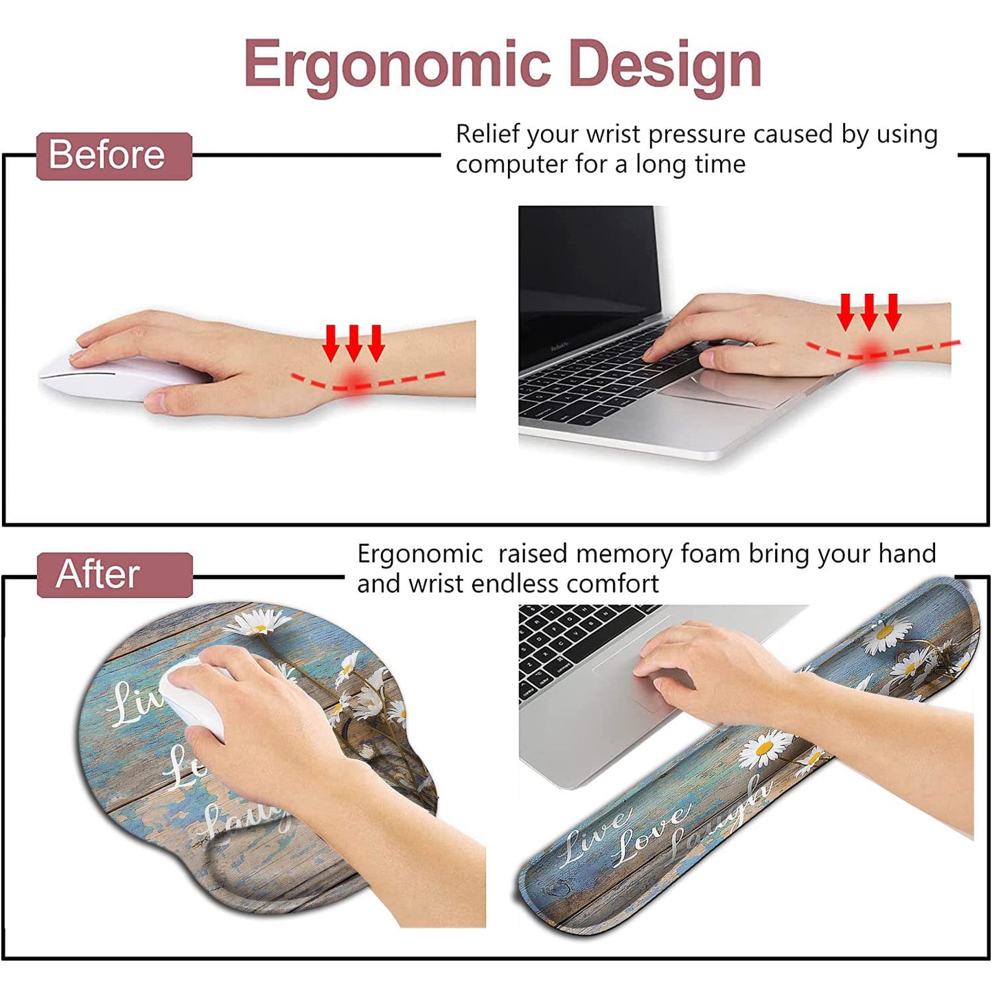 Mouse Pad for Women, Ergonomic Gel Mouse Pad, Keyboard Wrist Rest Relieves Fatigue, White Daisy