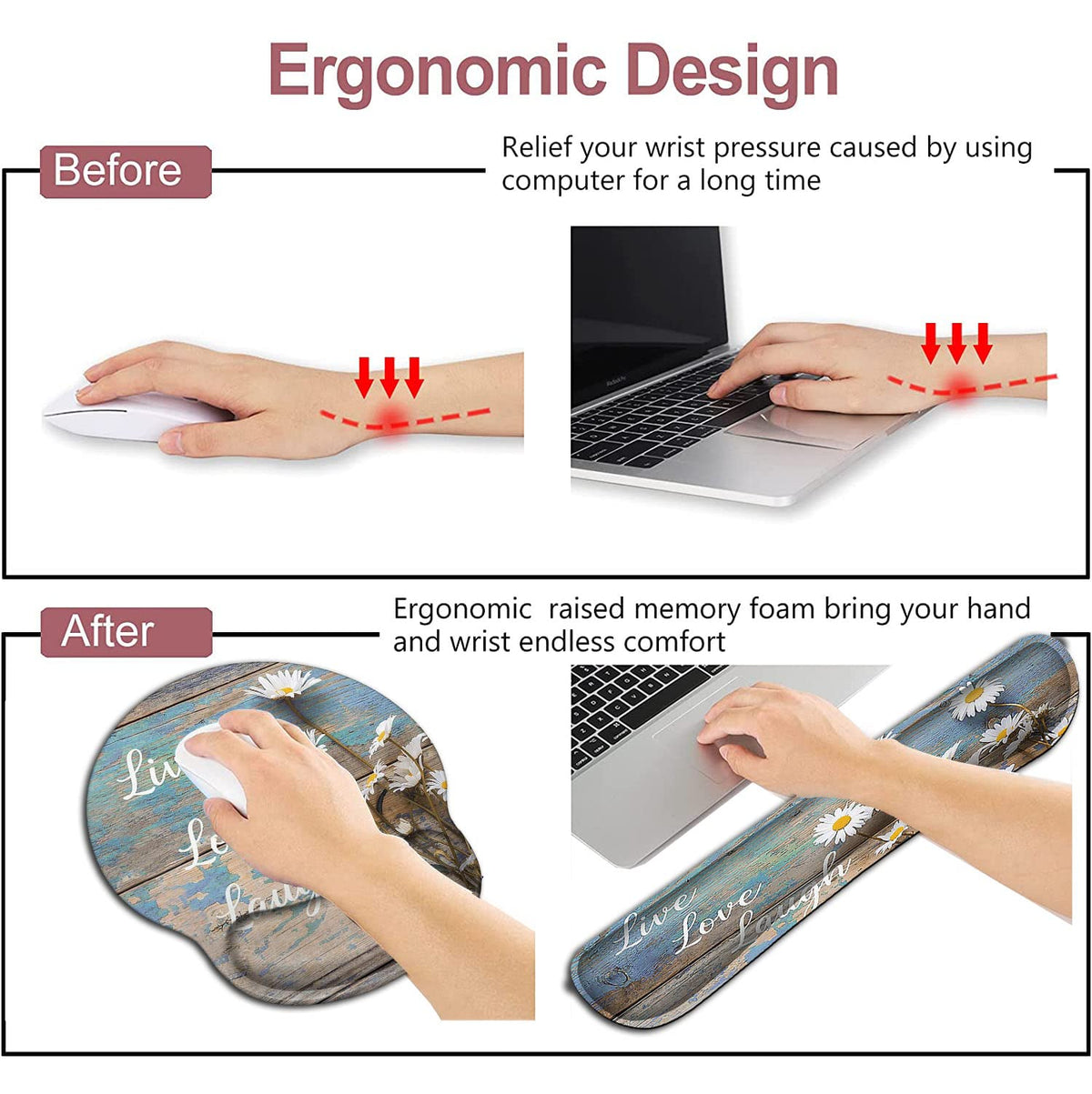 Mouse Pad for Women, Ergonomic Gel Mouse Pad, Keyboard Wrist Rest Relieves Fatigue, White Daisy