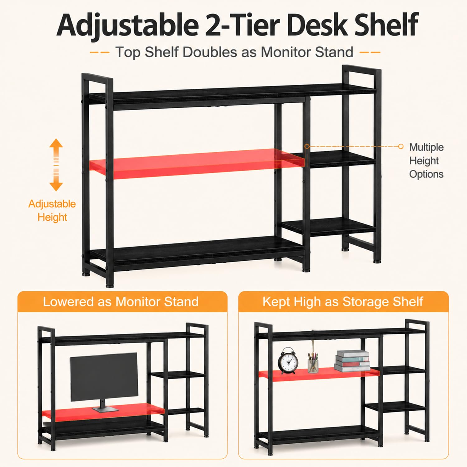 Snughome Adjustable Desk Shelf with Monitor Stand, 38.6" Desktop Organizer Hutch, Height Adjustable
