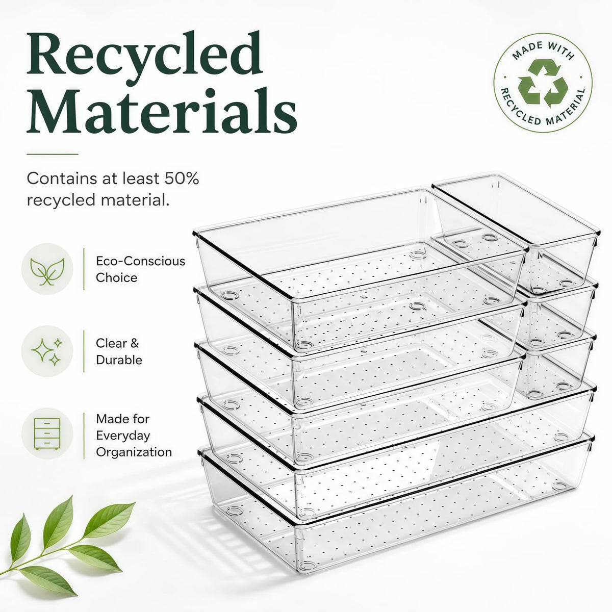CHOWAY 8 Pack Large Clear Plastic Drawer Organizer Trays, 3 Sizes, Non-Slip