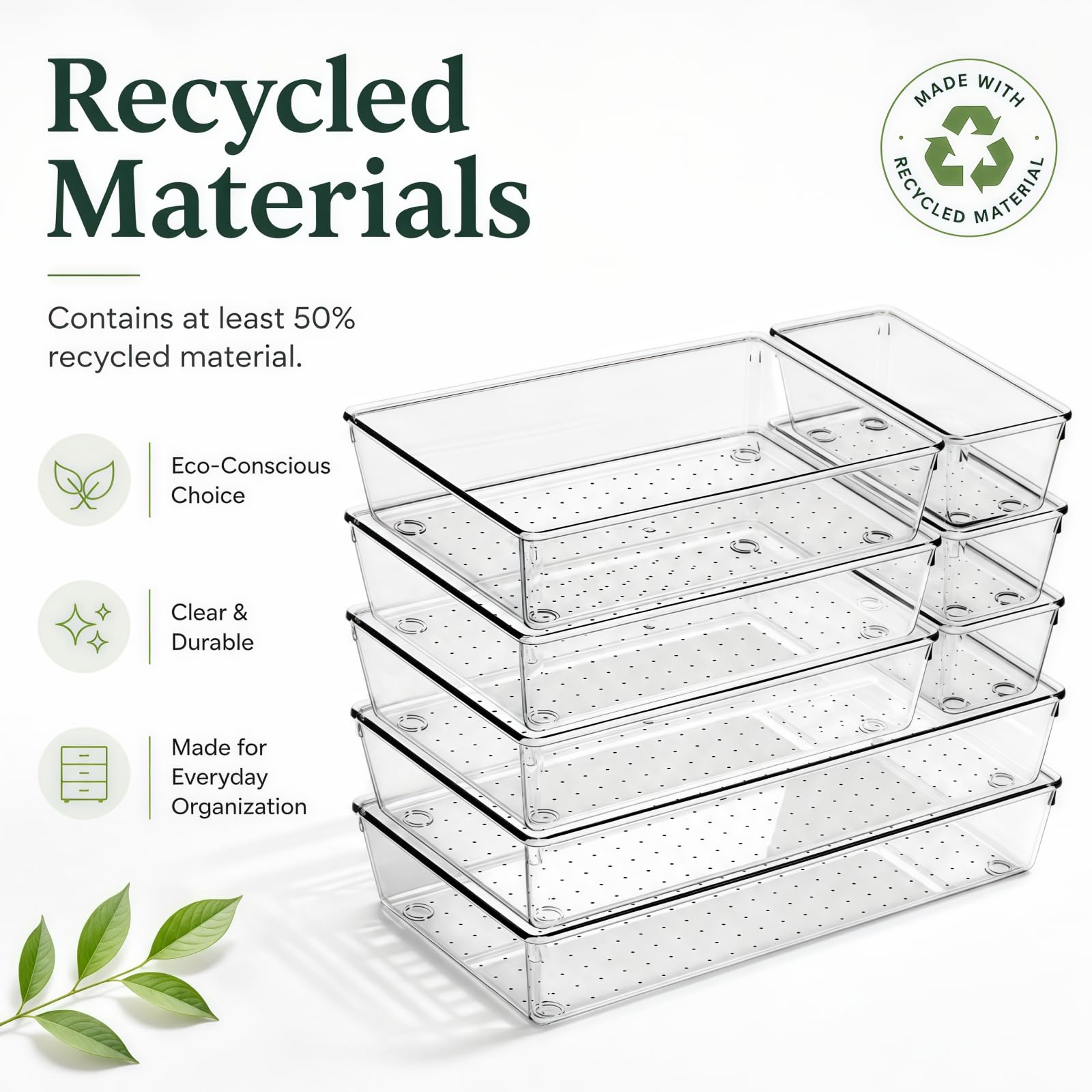 CHOWAY 8 Pack Large Clear Plastic Drawer Organizer Trays, 3 Sizes, Non-Slip