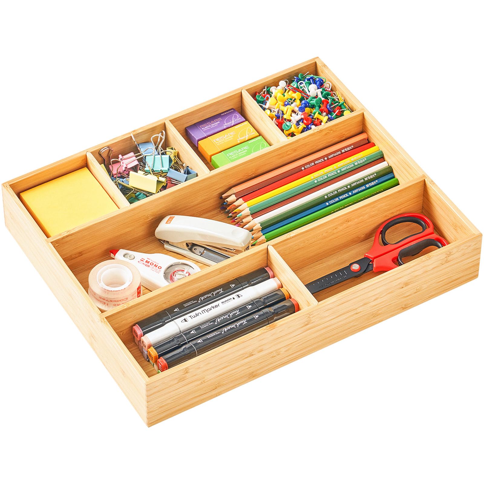 Umilife Large Bamboo Desk Drawer Organizer, Wood Office Junk Tray, 15"x12"