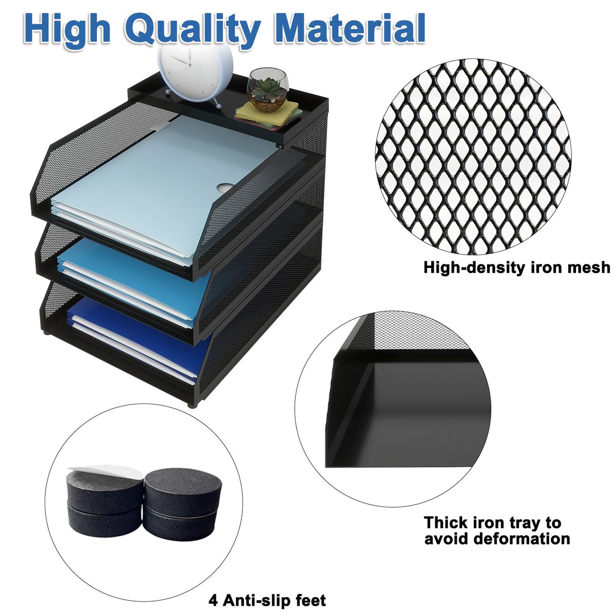 Natwind 3-Tier Stackable Metal Mesh Desk Paper Tray Organizer,Black