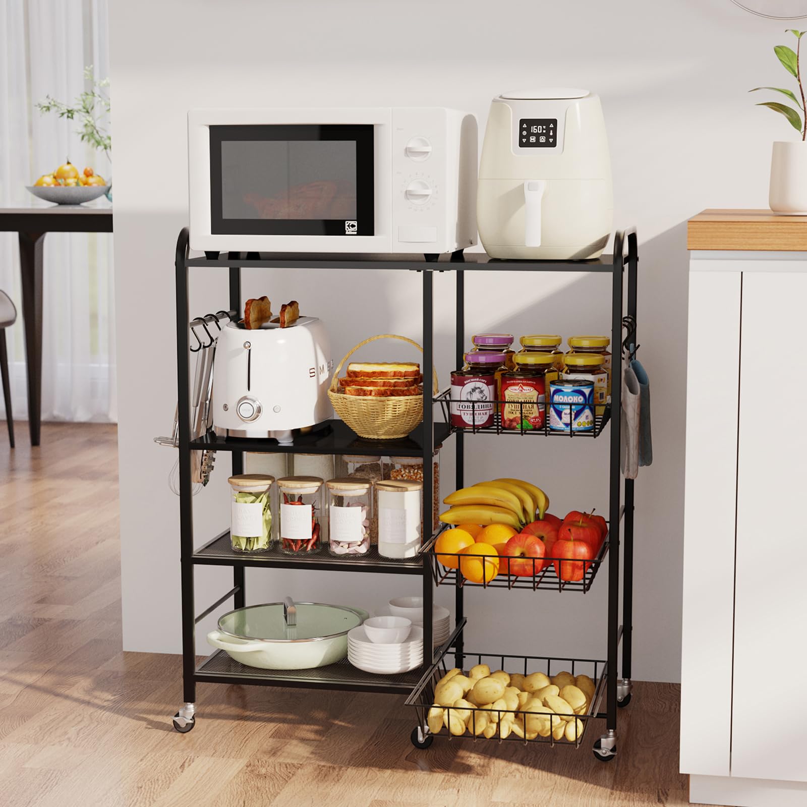 HapiRm Rolling Kitchen Microwave Cart - 4 Tier Microwave Table Stand with Pull-Out Baskets, Coffee