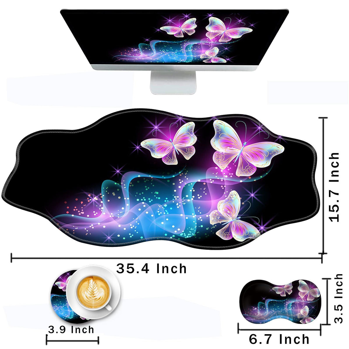 CICPLKSE Mouse Pad with Wrist Support + Desk Mat + Coaster 3 in 1 Set, XXL Large Gaming Mousepad