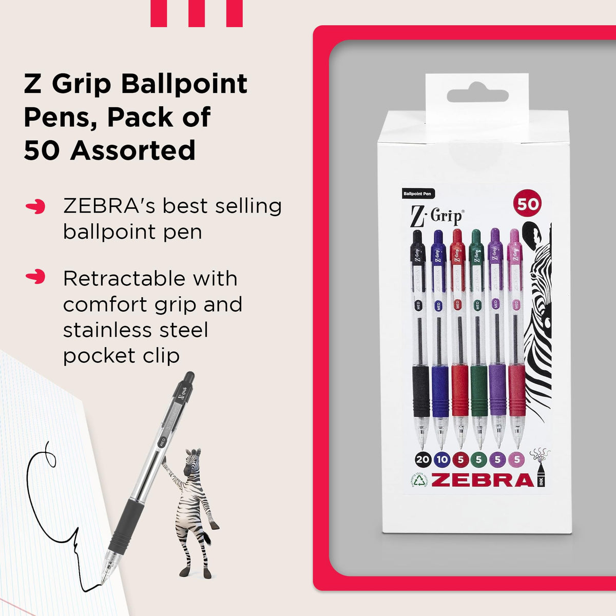 ZEBRA Z GRIP Assorted Ballpoint Pens, Retractable with Smooth Ink, Comfortable Grip and Pocket Clip