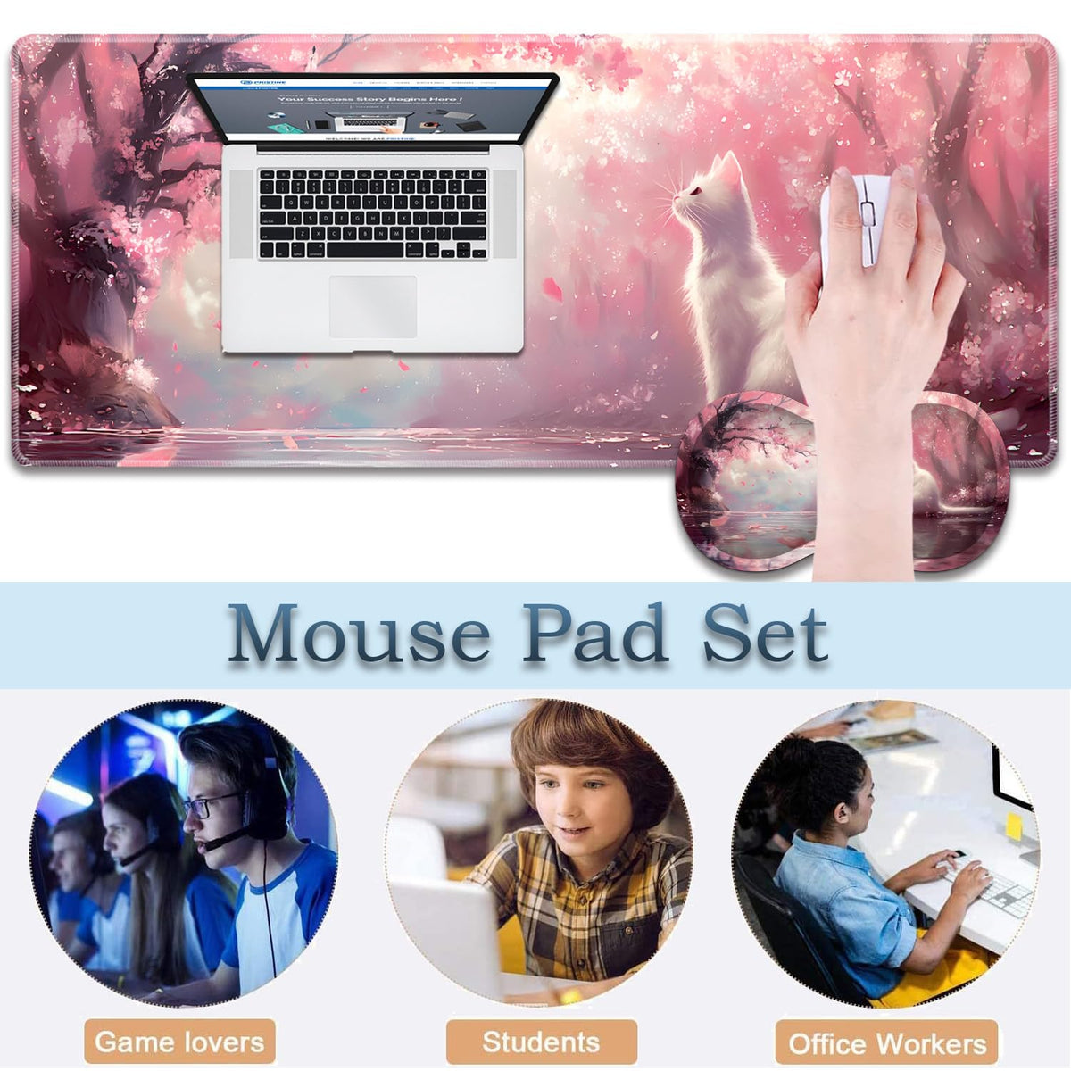 3-Piece Cherry Blossom Cat Mouse Pad Set, Including Wrist Support Pad and Cup Holder, with