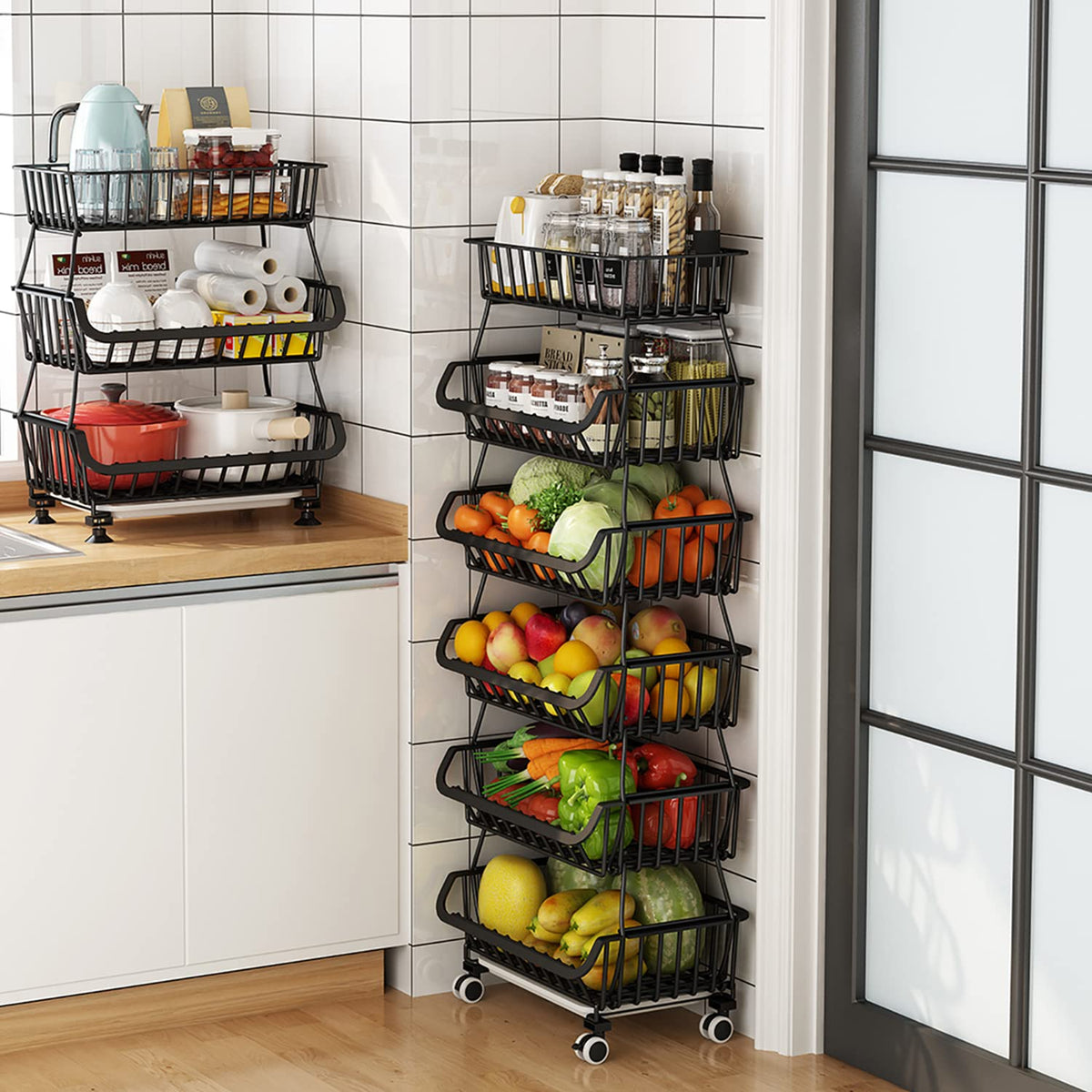 Piggy-G Fruit Vegetable Storage Basket with Wheels Kitchen Rack 6-Tier Stackable Floor-Standing