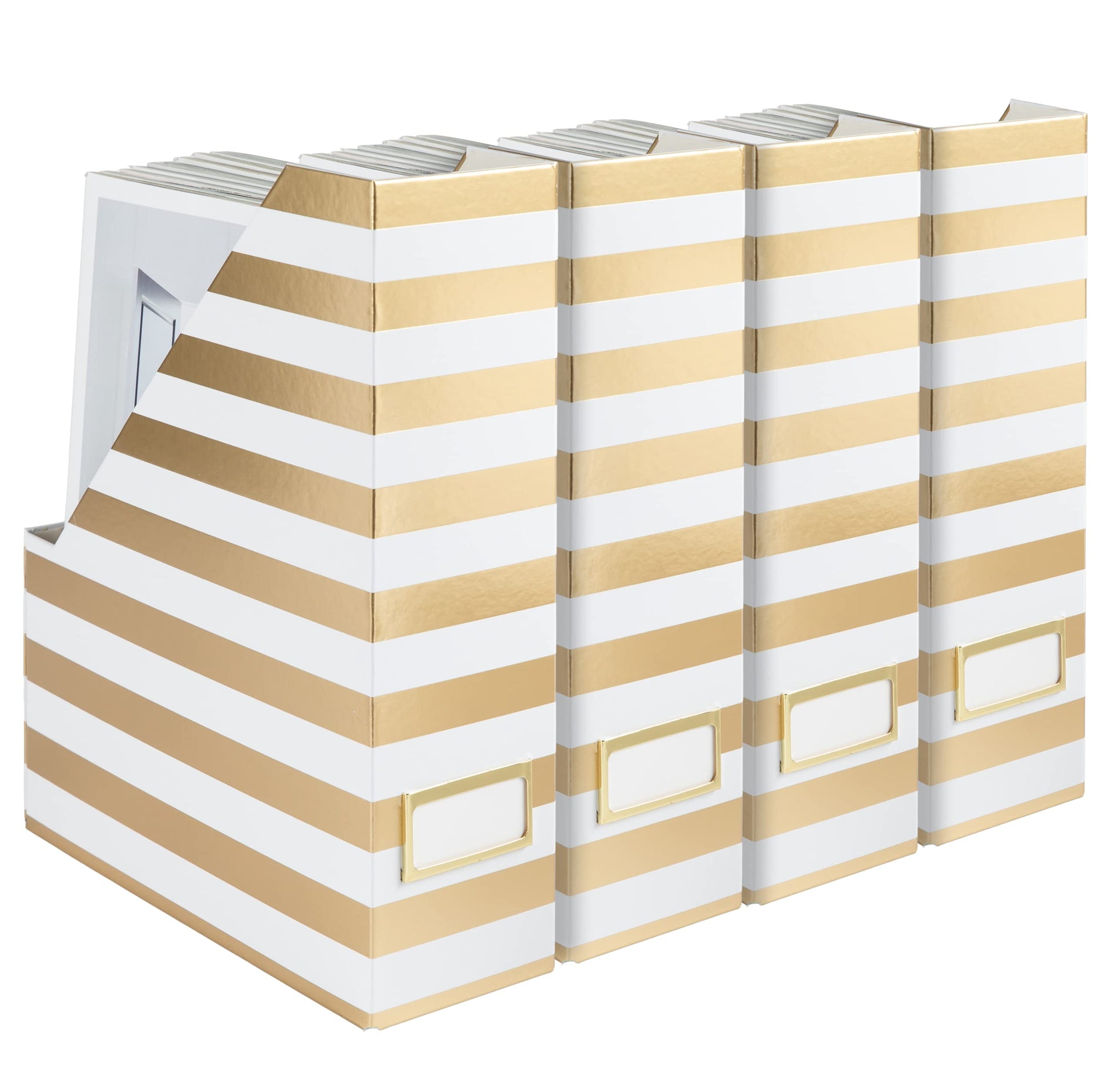 BLU MONACO | Cardboard Magazine File Holder Set of 4 Gold White Stripes | Vertical Magazine File
