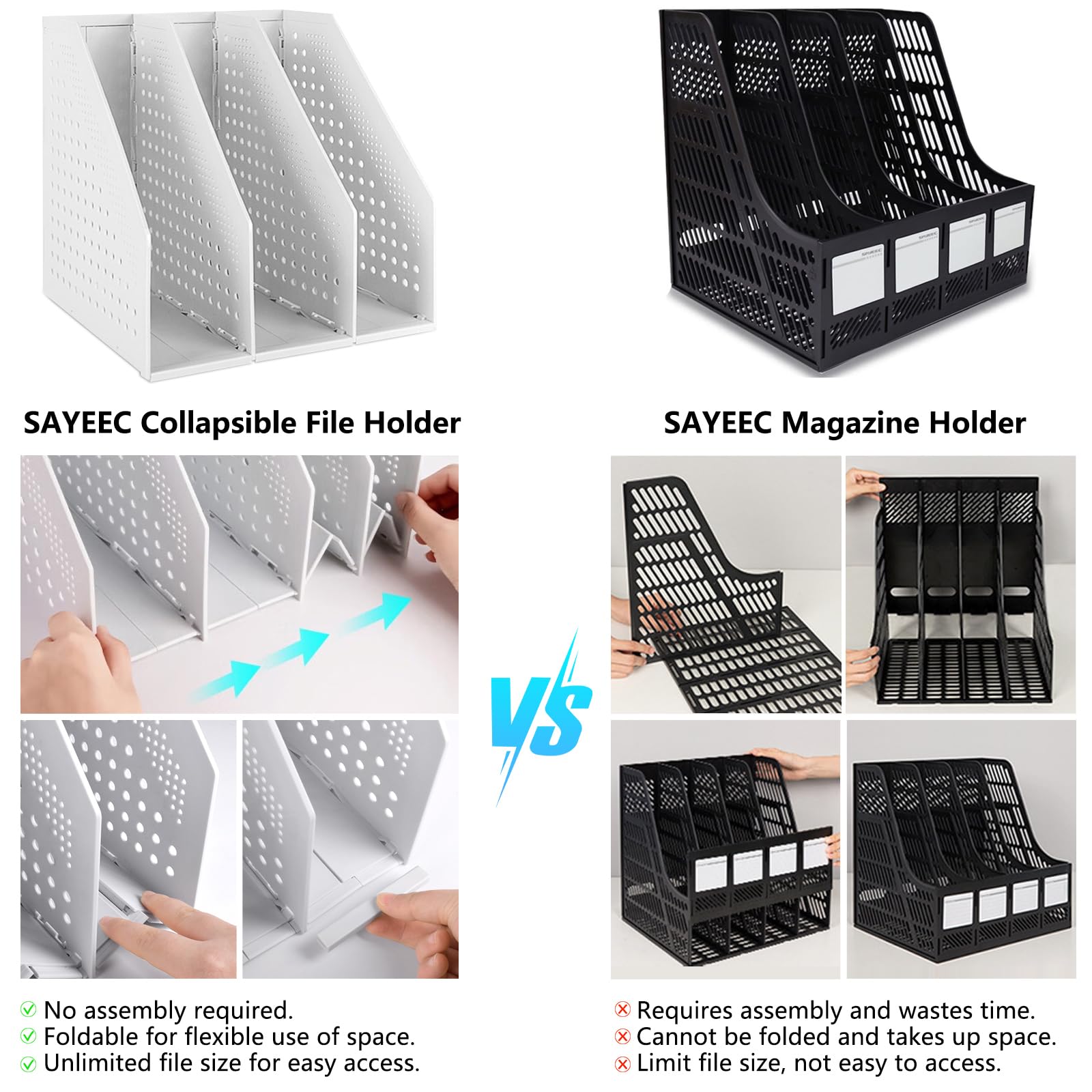 SAYEEC 2Pcs Collapsible Plastic Magazine File Holder Vertical Binder Storage Organizer for Desk