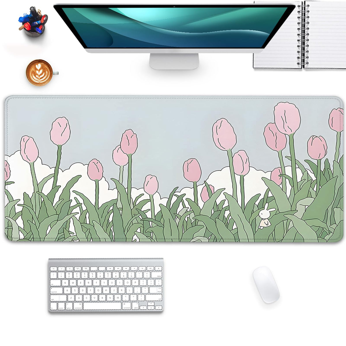 Tulip Flower Mouse Pads,Pink Mouse Pad for Woman,Large Desktop Mat for Keyboard and Mouse,XL