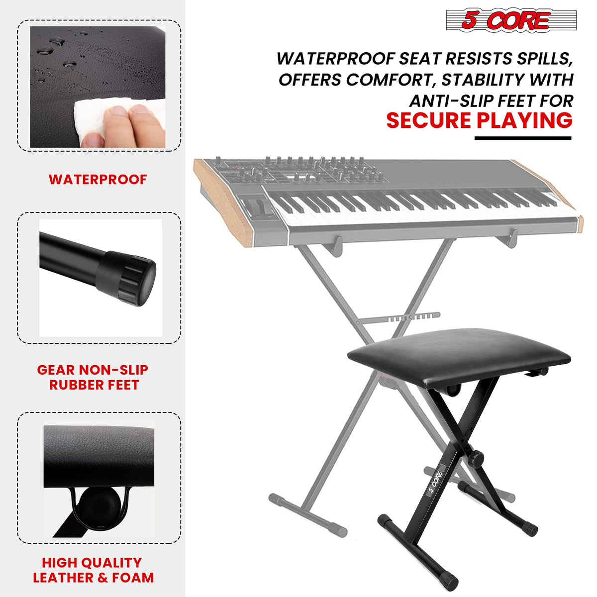 5 CORE Keyboard Bench X Style Padded Cushion Height Adjustable Piano Stool Seat Portable Keyboard