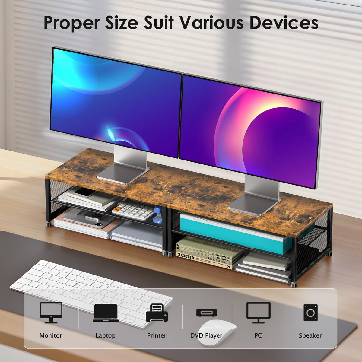 ECOLOVI 2-Tier Computer Monitor Stand Riser, Printer & Laptop Stand, Office Desk Accessories