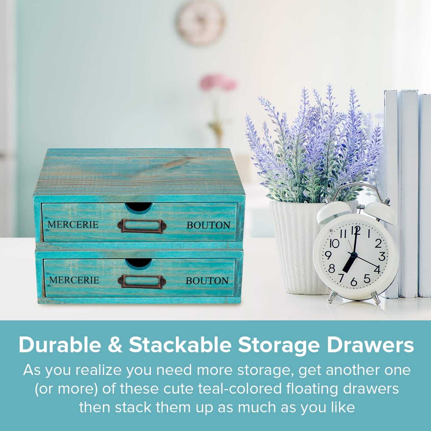 Turquoise Single Drawer Unit - European Country Style Desk Organizer Box - 9.7x7x2.6 Teal Wooden