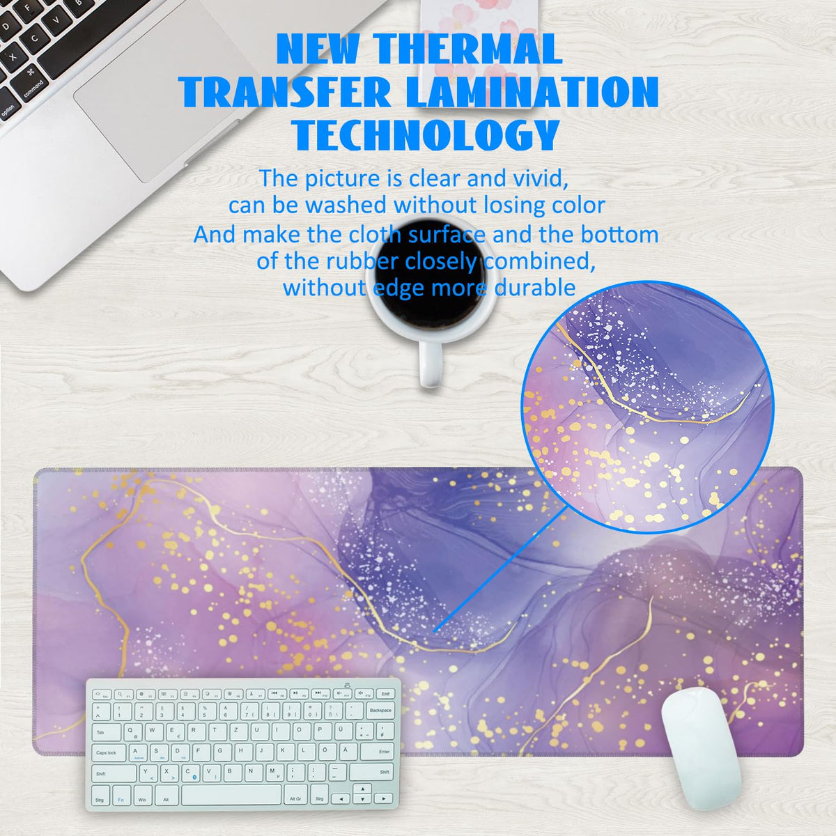 Desk Mat, Purple Rose and Lavender Liquid Marble Extended Gaming Mouse Pad Large, 31.5"x11.8" Big