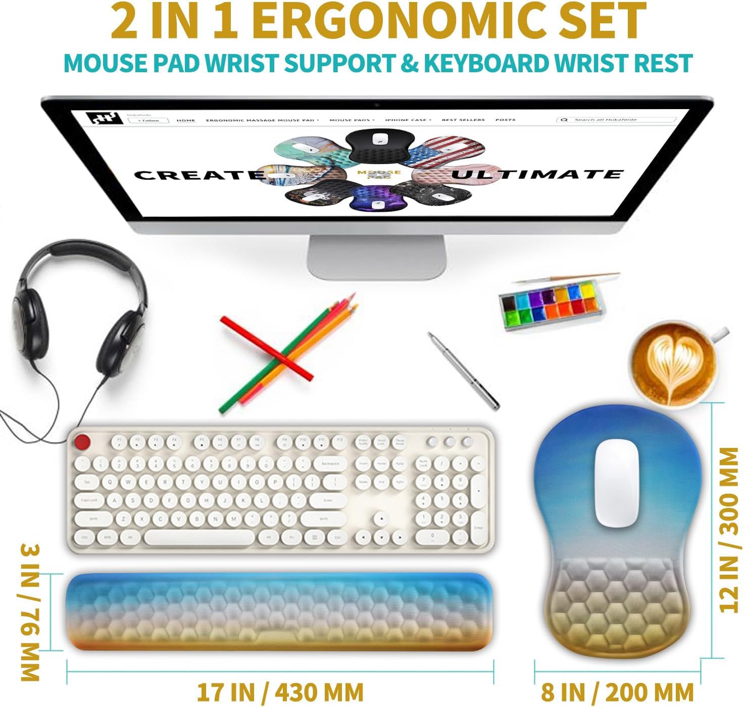 Hokafenle 2 in 1 Ergonomic Mouse Pad Wrist Support & Wrist Rest for Computer Keyboard Set, with