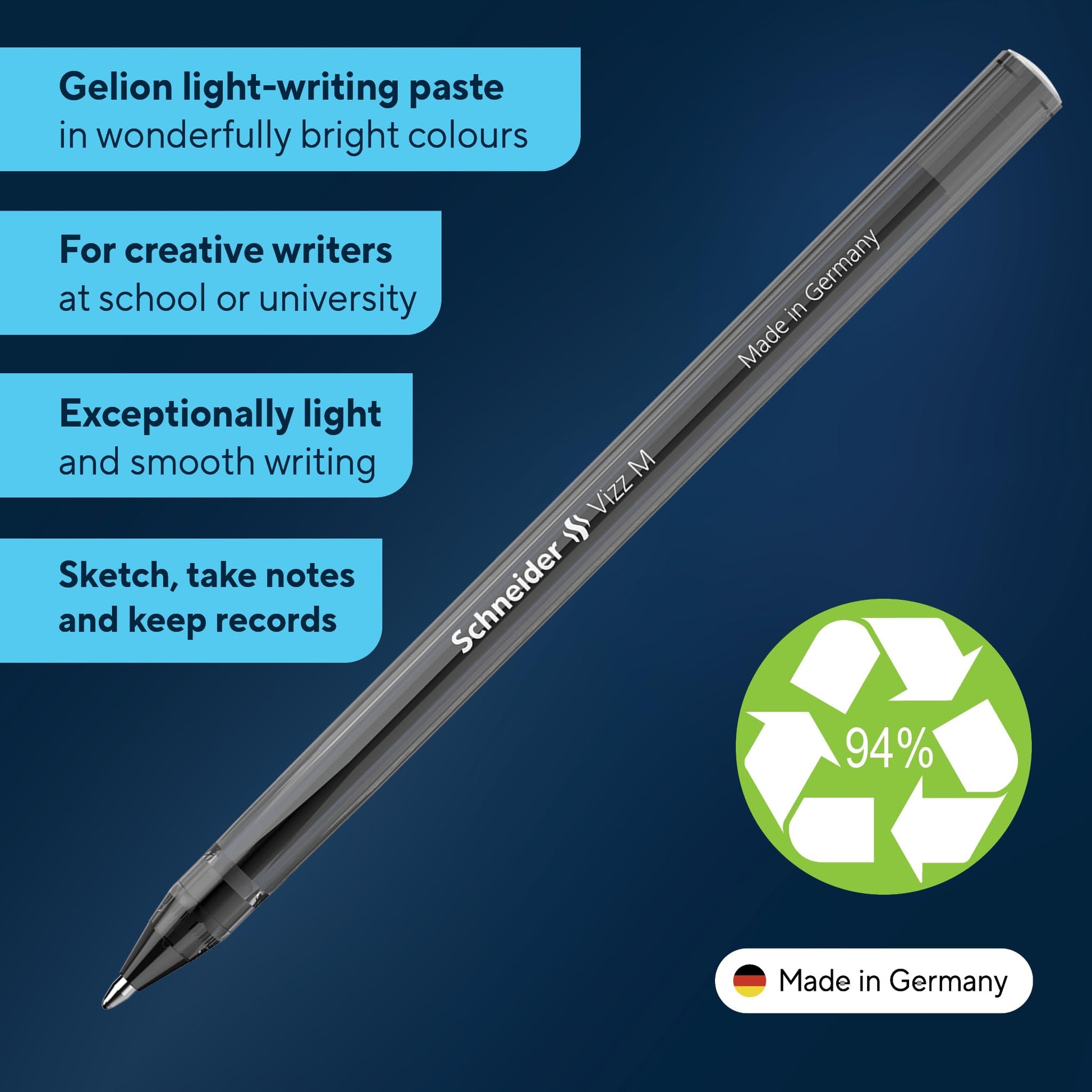 Schneider 102201 Vizz Ballpoint Pen for Easy and Quick Writing - Colour Ink Barrel - Medium Line