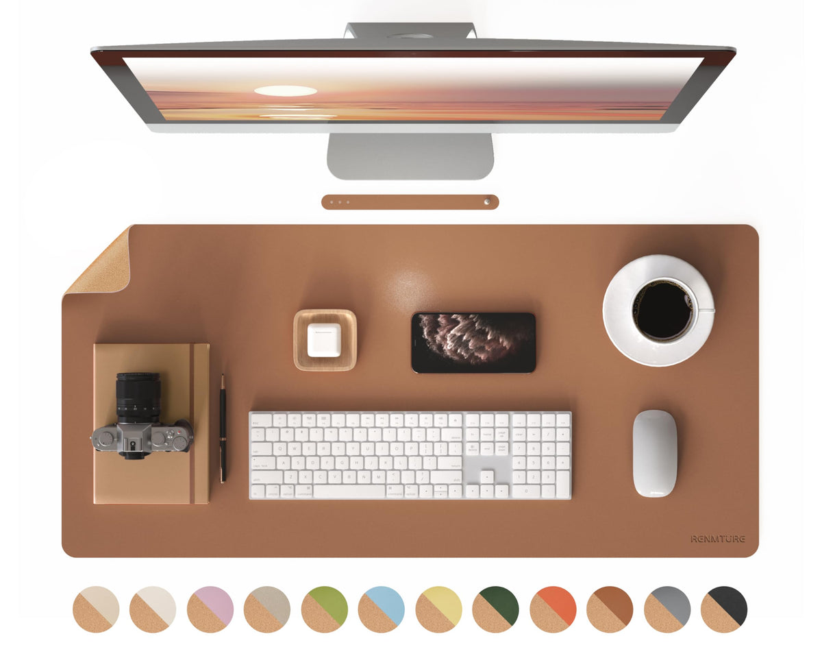 RENMTURE Desk Pad, Cork & PU Leather Desk Mat, Large Mouse pad, Non-Slip Desk Protector and