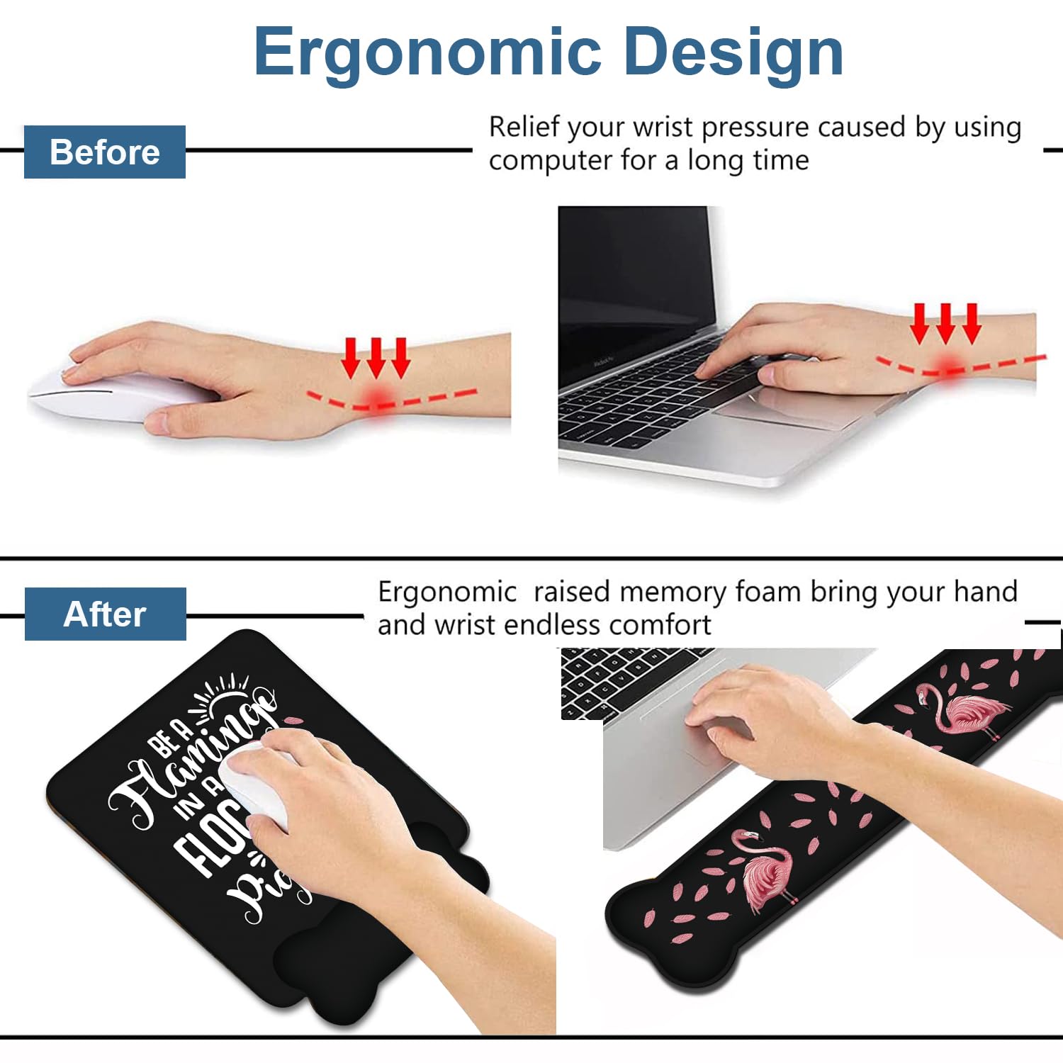 Keyboard Wrist Rest + Mouse Pad Wrist Rest Support Set with Coasters,Be a Flamingo in a Flock