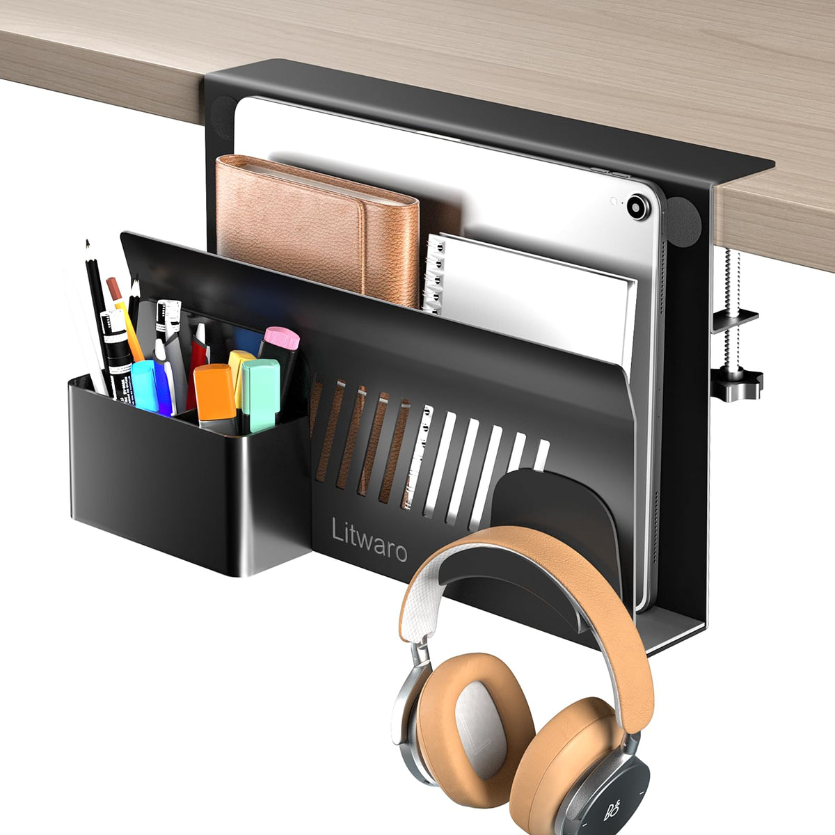 Litwaro Desk Side Storage, No Drill Laptop Holder with Magnetic Pen Holder, Clamp on Laptop Mount