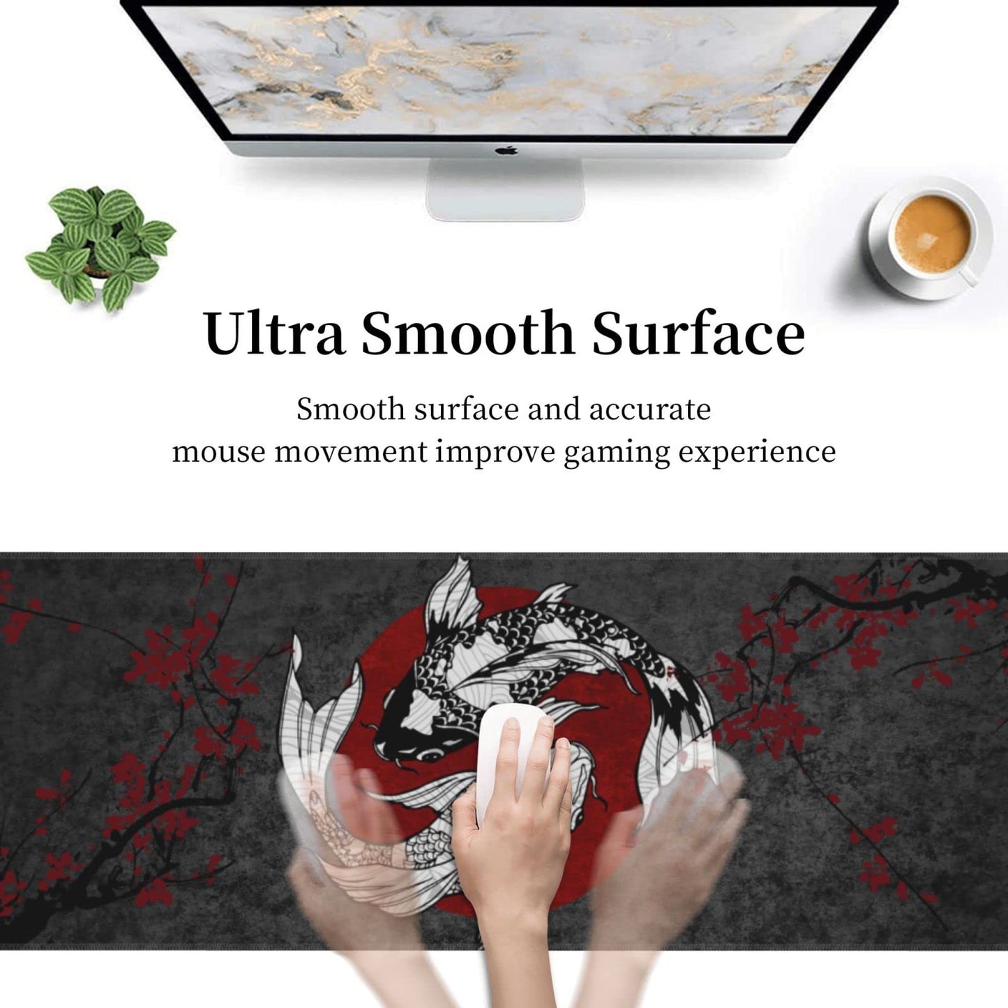 Japanese Koi Fish Ying Yang Black Red XXL XL Large Gaming Mouse Pad for Desk, Non-Slip Long