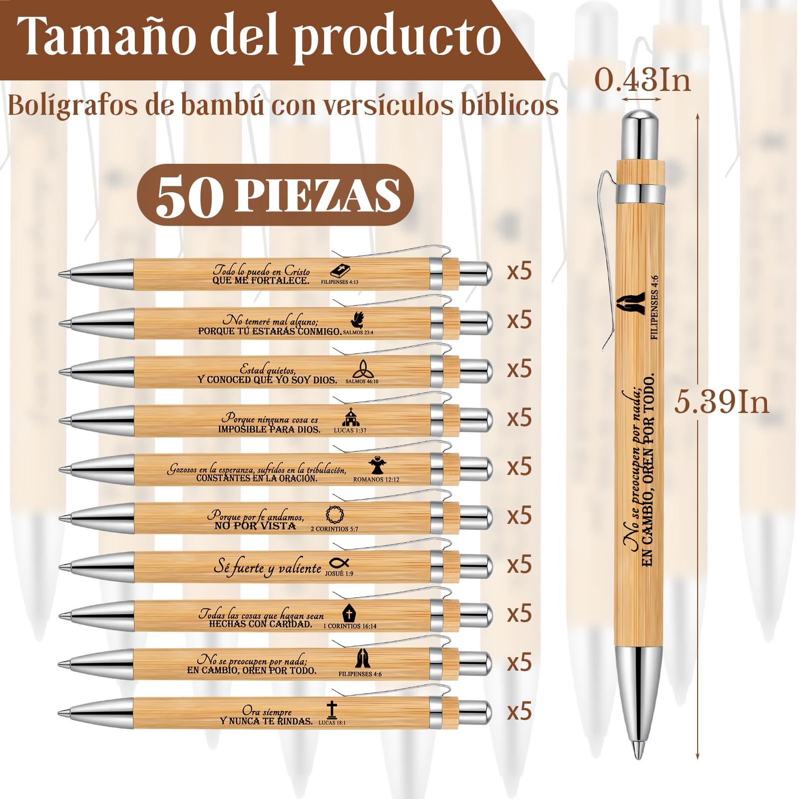 Fumete 50 Pcs Bible Verse Bamboo Pens Bulk, Natural, Spanish