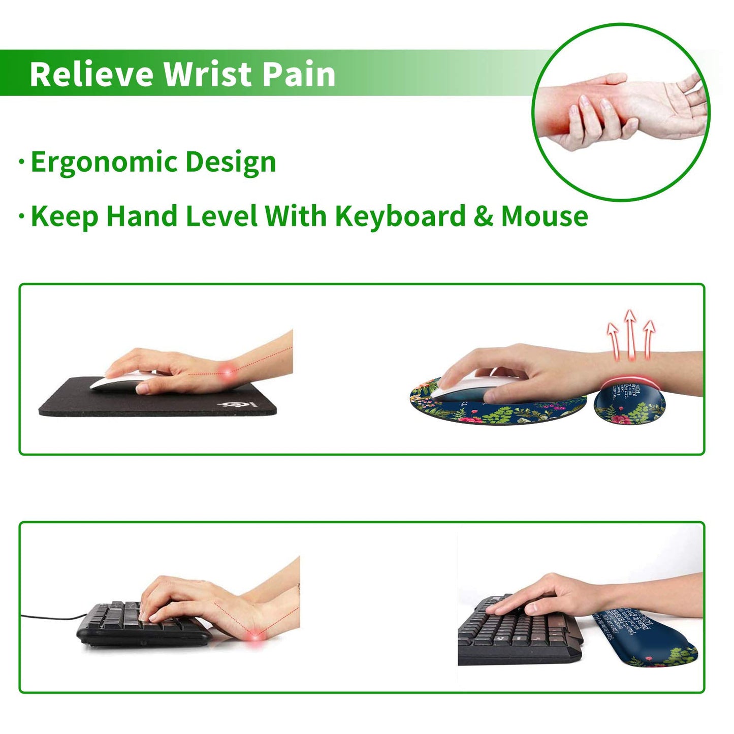 Ergonomic Keyboard Wrist Rests Gel Memory Foam Mouse Pad with Round Mousepad + Coasters, Wrist