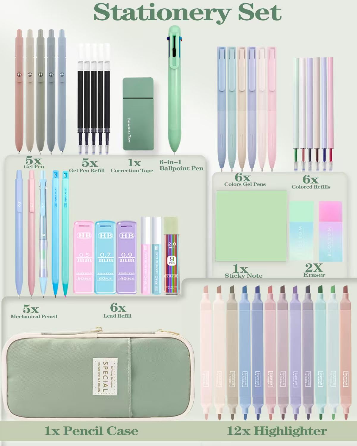 JIZHIYUAN 54X Aesthetic School Supplies with Green Pencil Case for Students