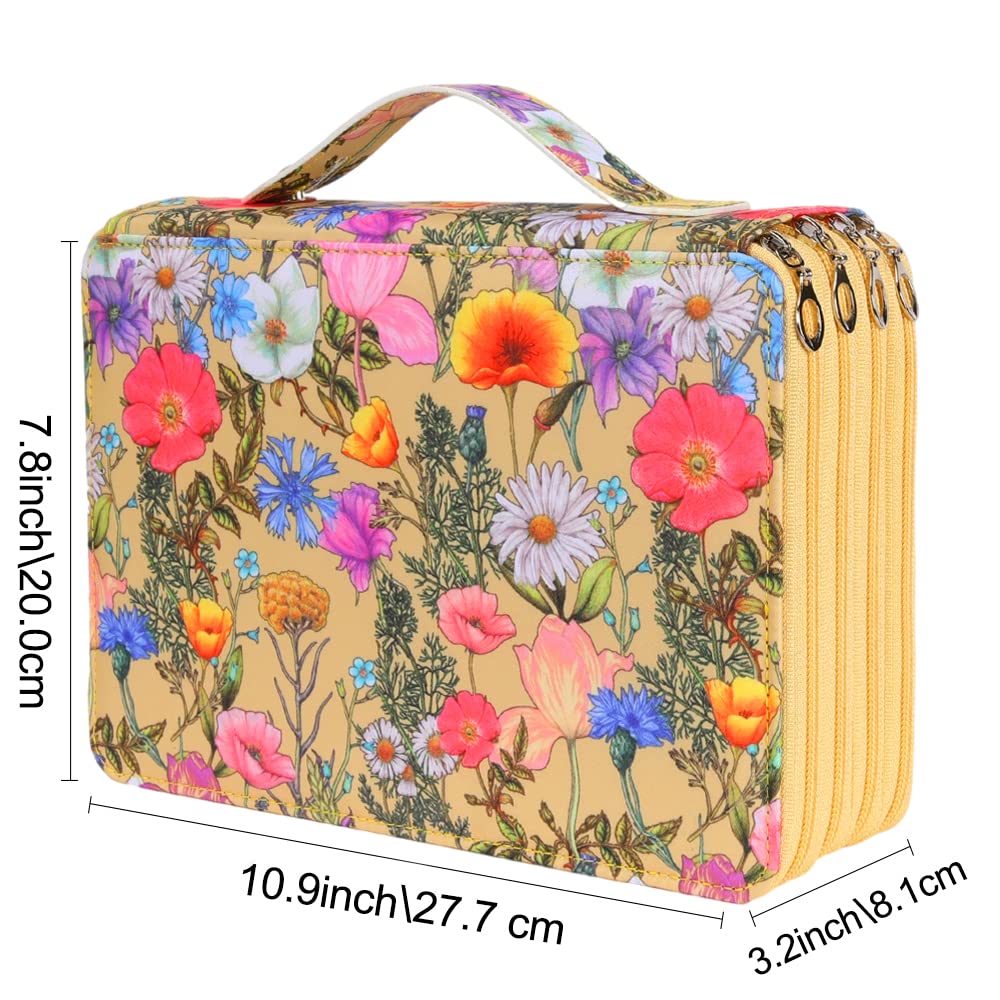 Vomgomfom 200 Slots Pencil Case 4-Layer PU Leather, Handle, Yellow Flower