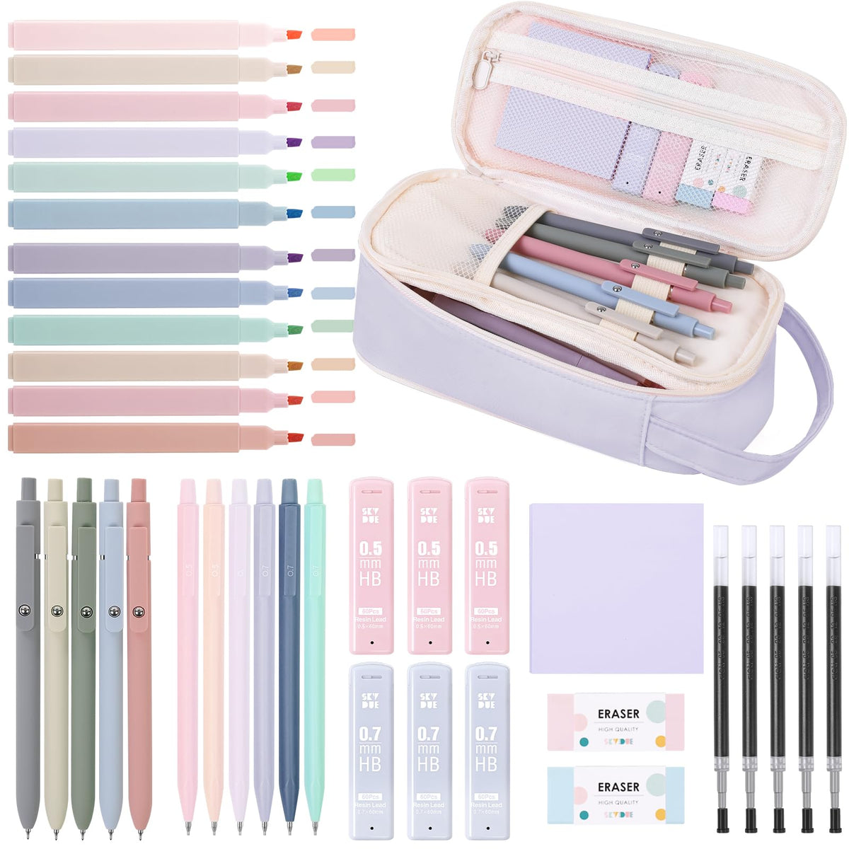 SKYDUE Cute School Supplies Kit, 38 PCS Aesthetic Stationery Set with Large Pencil Case, Pens