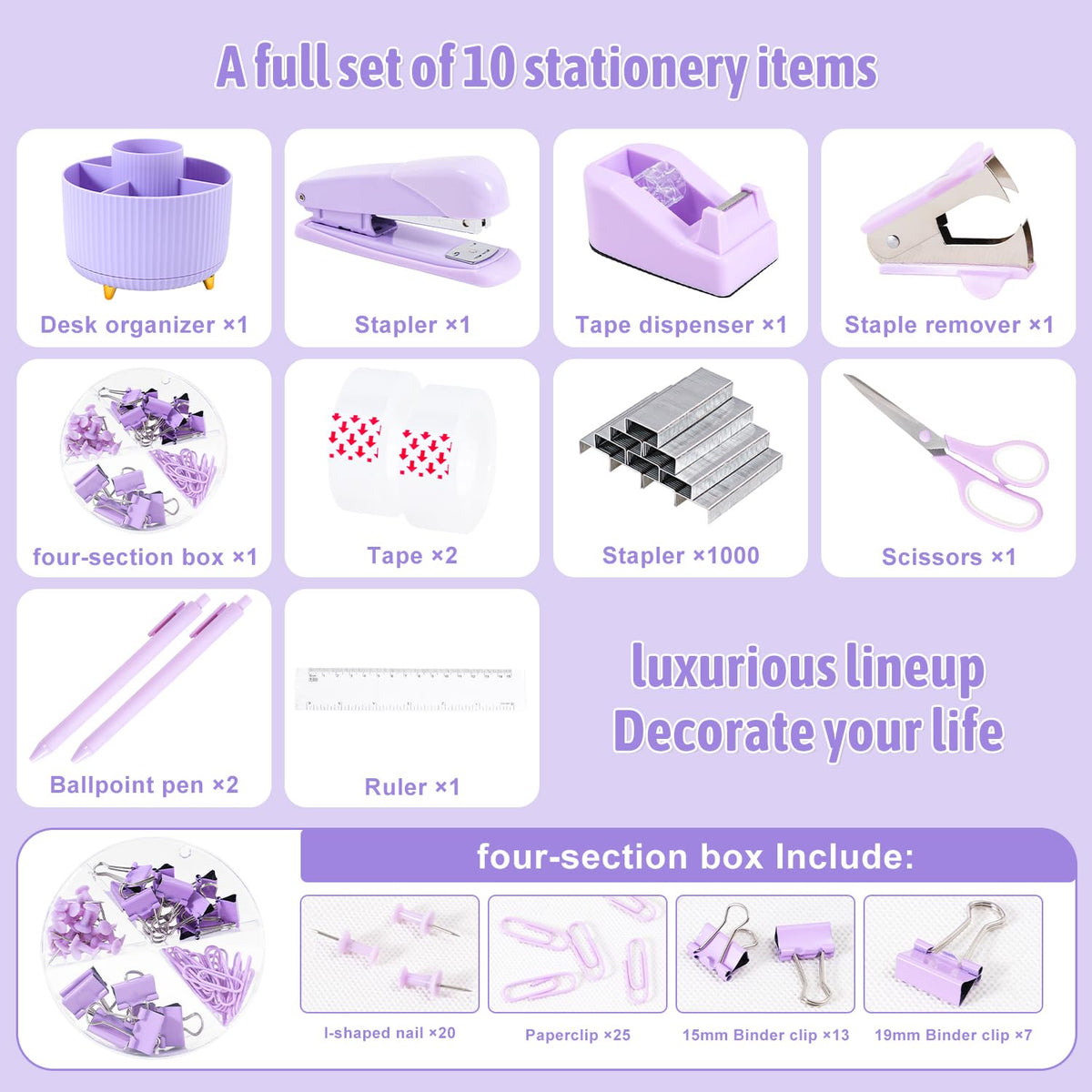 Gawsey Purple Desk Organizers and Accessories with Desk Organizer 360° Rotating Pen Holder and