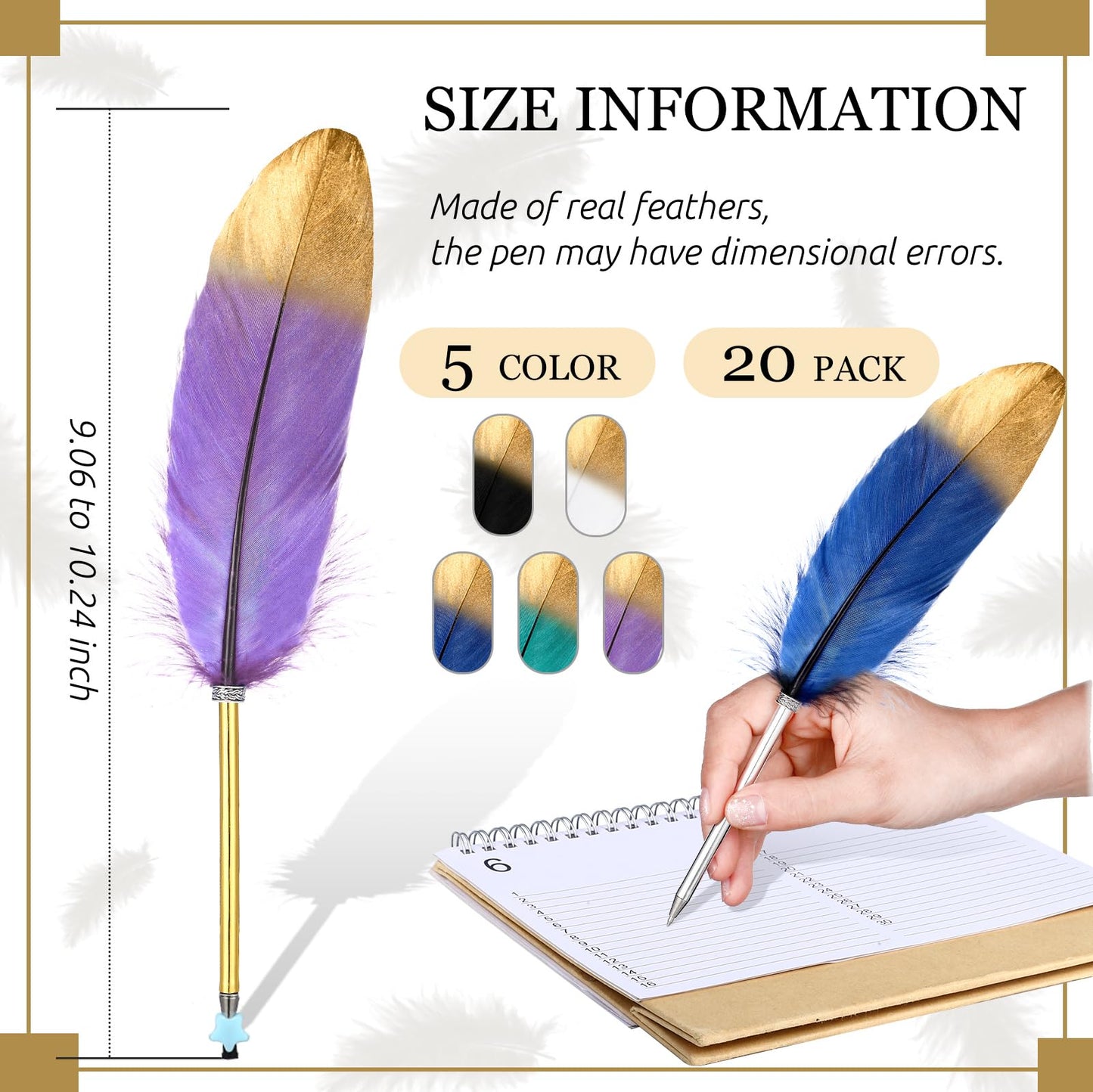 Censen 20Pcs Feather Quill Pen Black Ink Vintage Ballpoint Pen, Dark Color