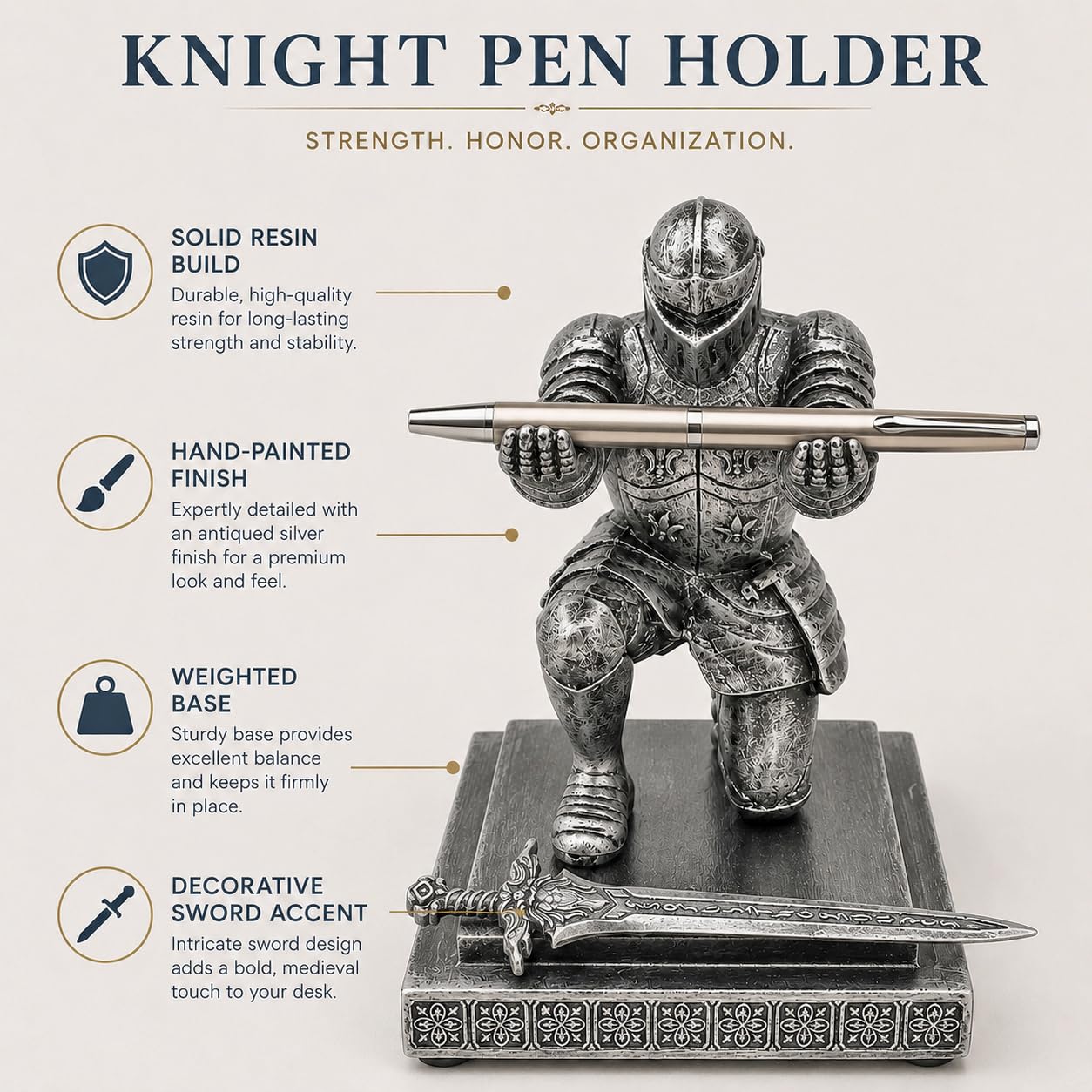 Miyolo Knight Pen Holder with a Sword & Pen Kneeling Medieval Soldier Pencil Stand Desk Organizers