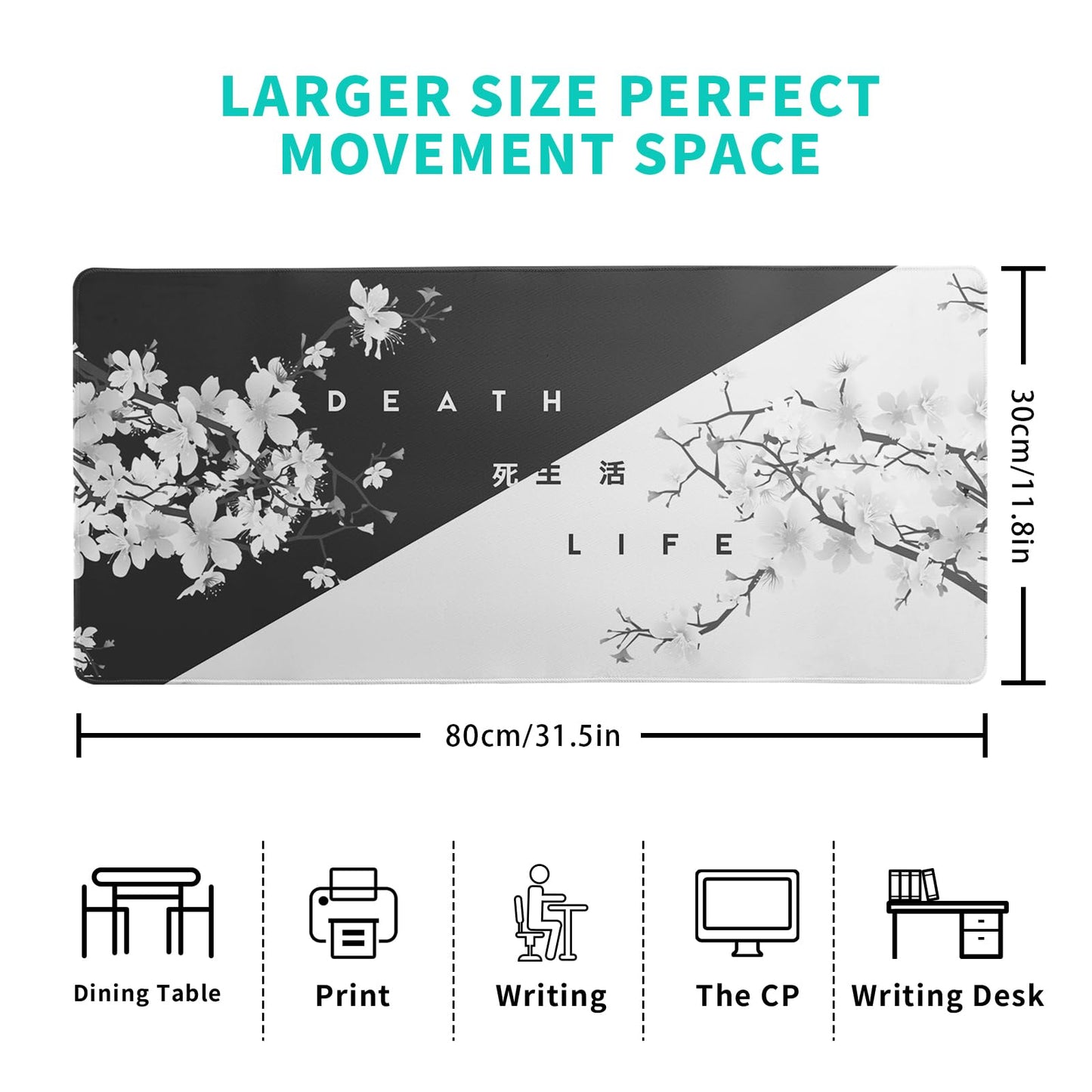 Black and White Mouse Pad 31.5 X 11.8 Inch Japanese Cherry Blossom Extended Large Mouse Mat