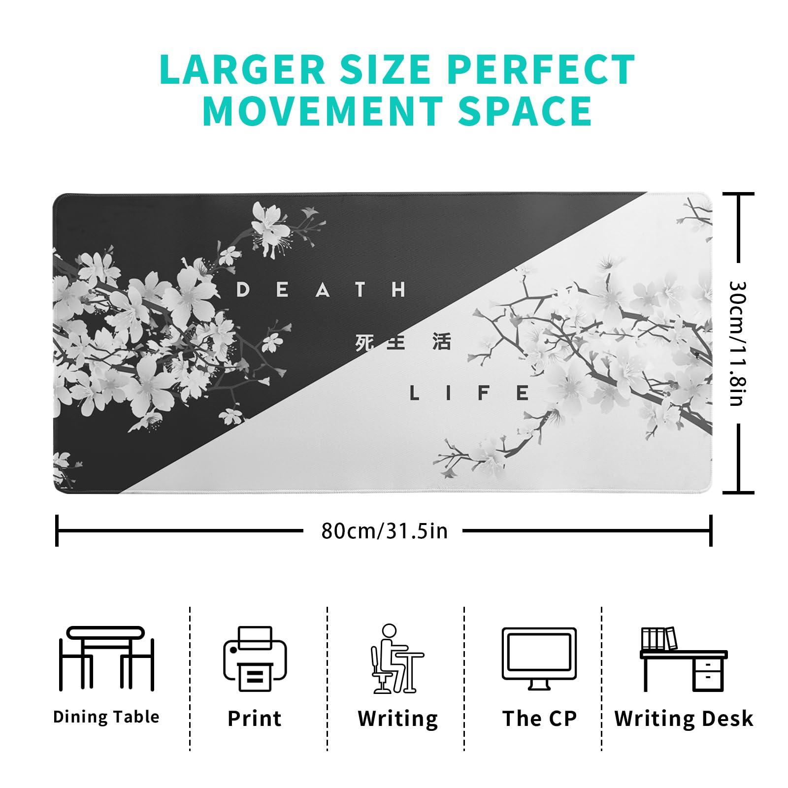Black and White Mouse Pad 31.5 X 11.8 Inch Japanese Cherry Blossom Extended Large Mouse Mat