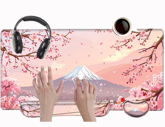 Cherry Blossom Mouse Pad and Keyboard Wrist Rest Japanese Pink Desk Mat Set Gaming Mousepad with