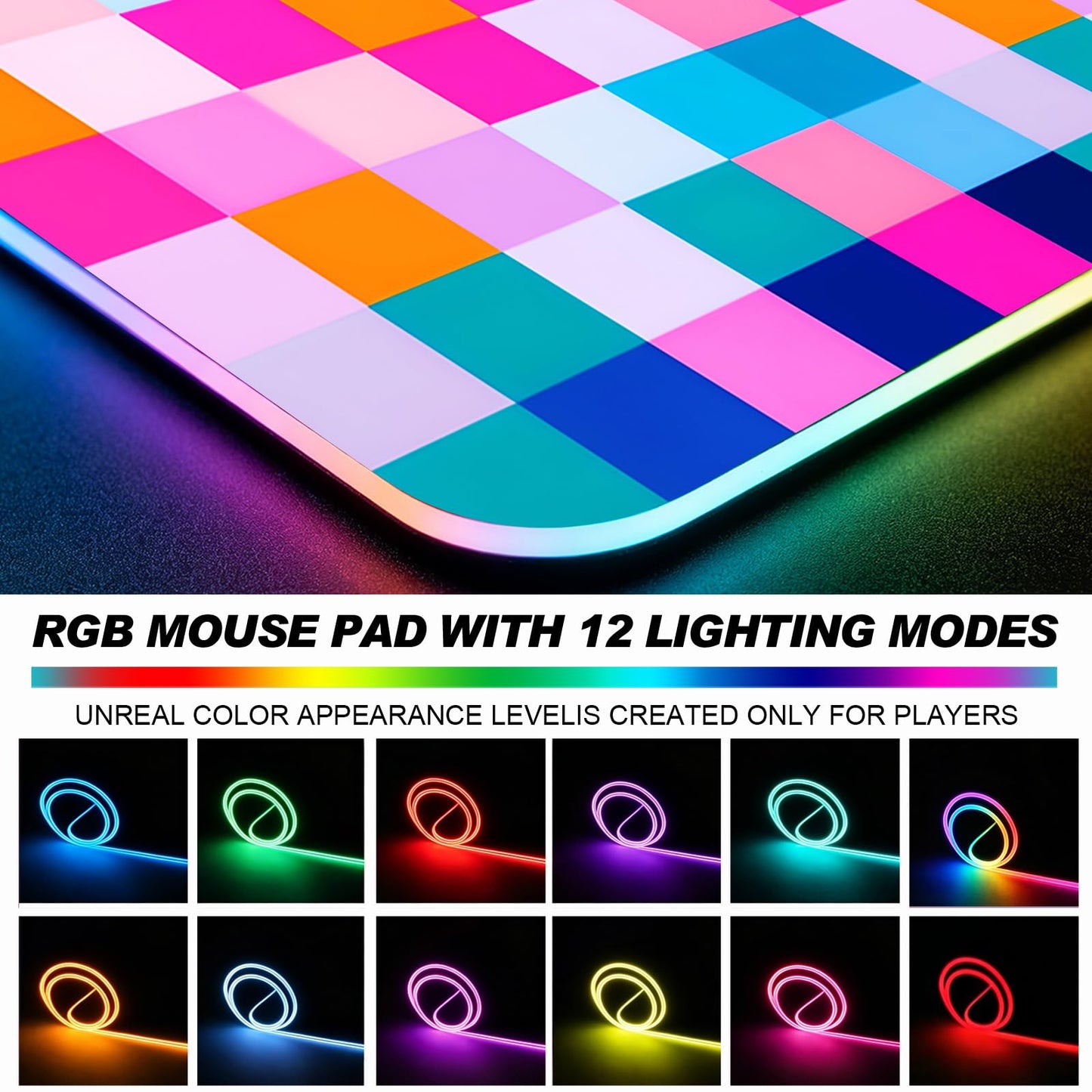 JIANG100 RGB Vibrant Multicolor Checkered Gaming Desk Mat & Mouse Pad, XL