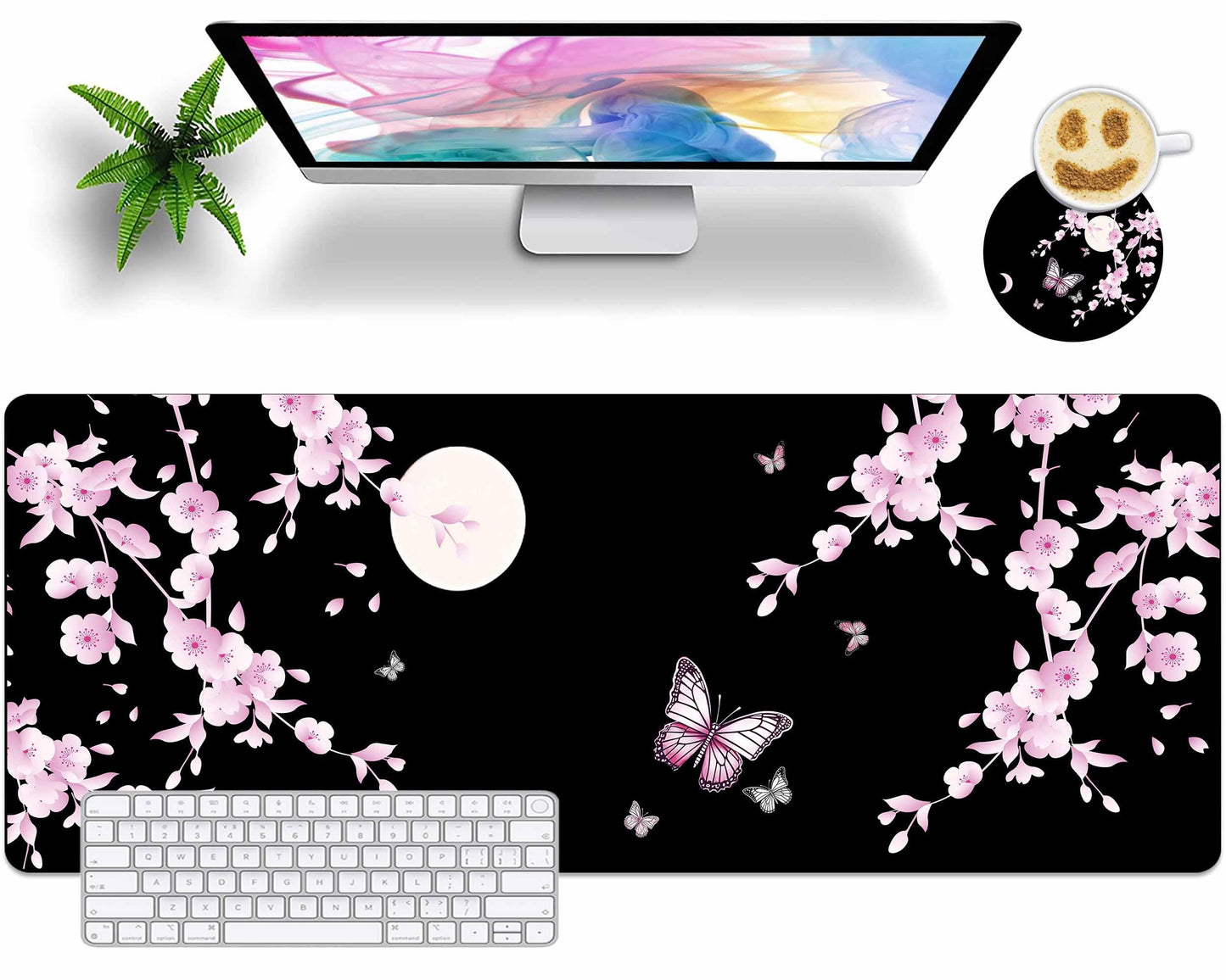 Japanese Sakura Cherry Blossom Pink Black Mouse Pad Large with Coaster, 31.5x11.8 Full Desk
