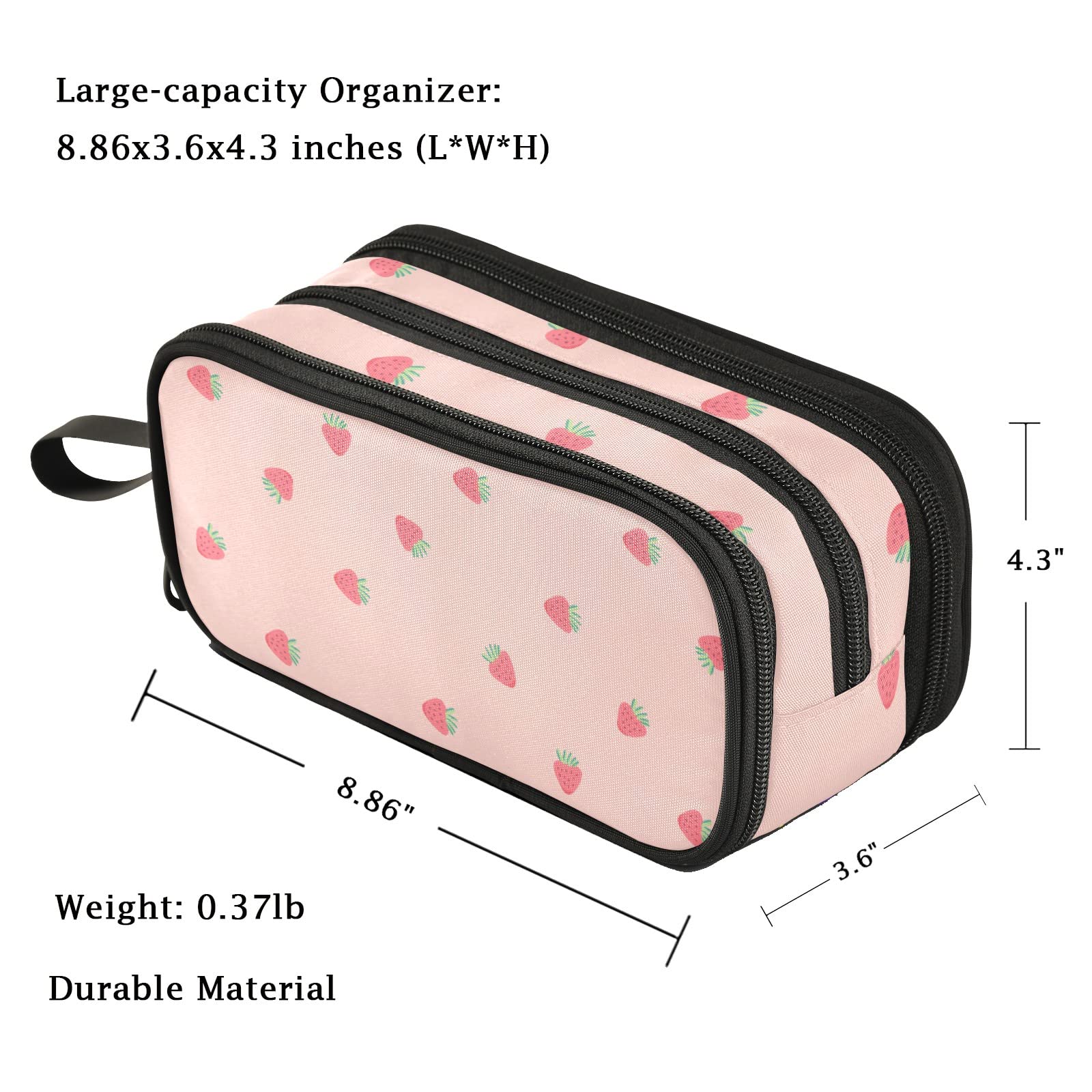 Fustylead Sweet Pink Strawberry Floral Large Pencil Pen Case Stationery Bag, 3 Compartments School